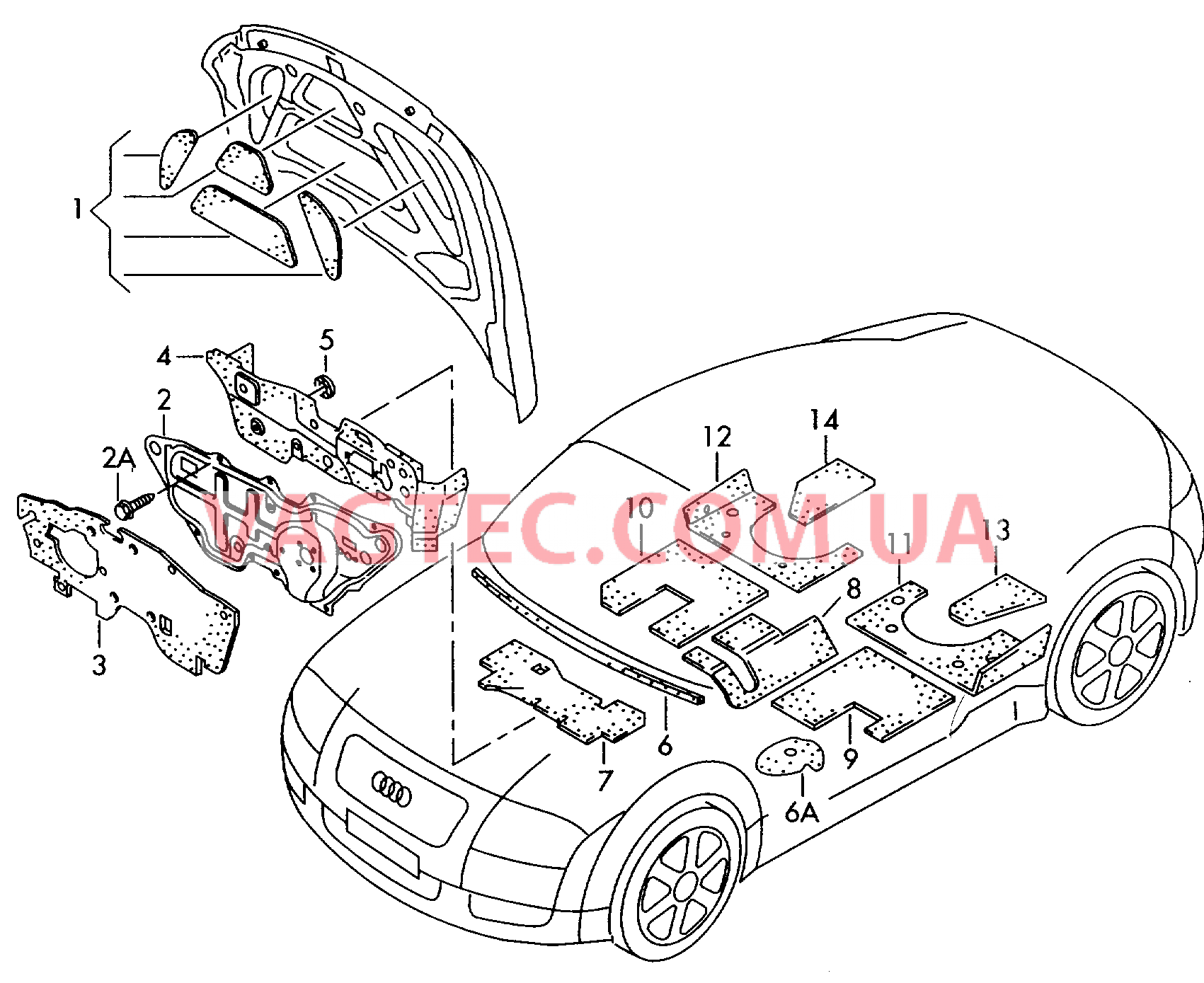 Шумоизоляция для крышки Шумоизоляция пола, моторного щита и туннеля  Шумоизоляция водоотвод. короба  для AUDI TT 2001