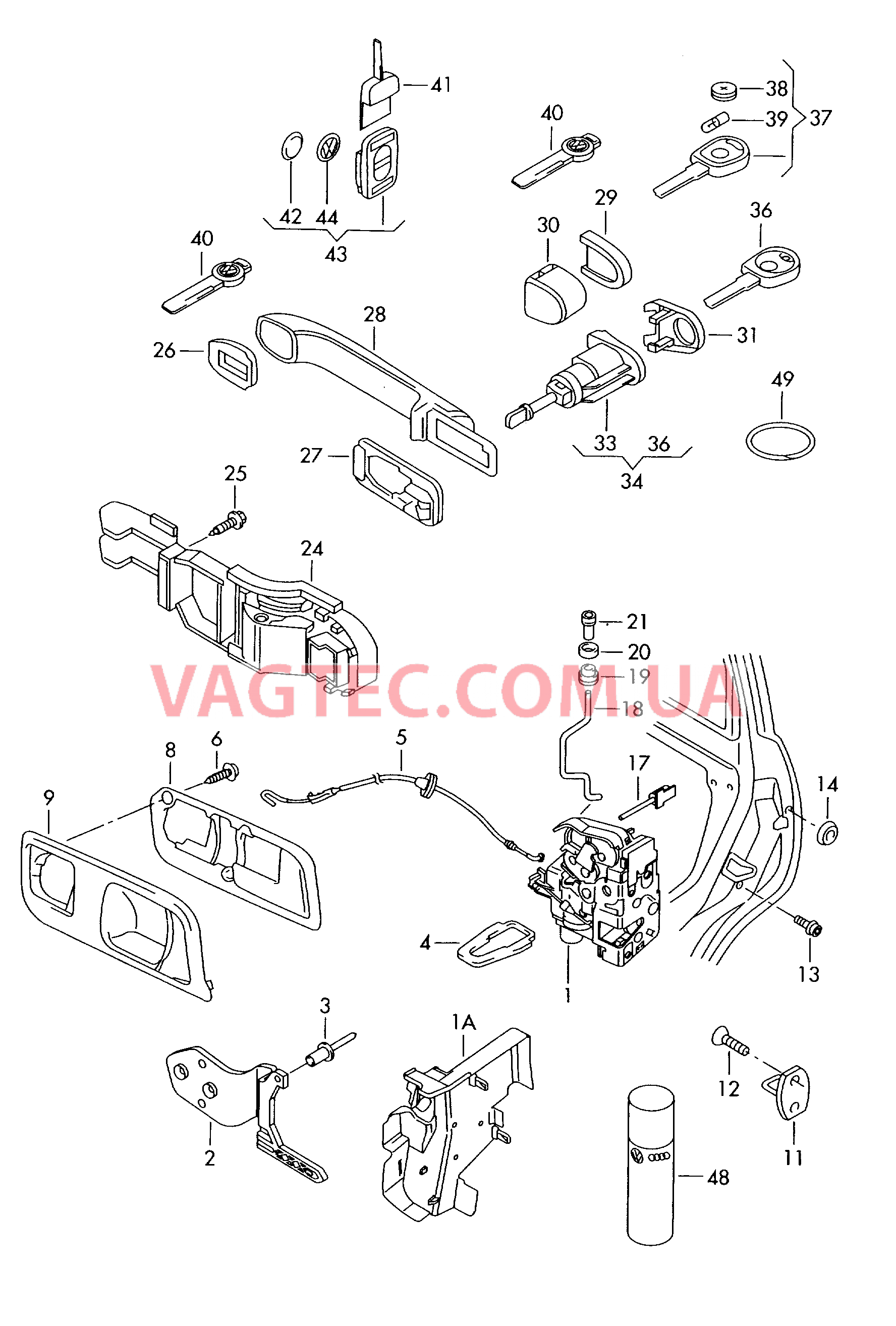 Замок двери Рычаг привода дверного замка Ручка двери снаружи Ключ К-т личинок замков  для VOLKSWAGEN POCC 2005