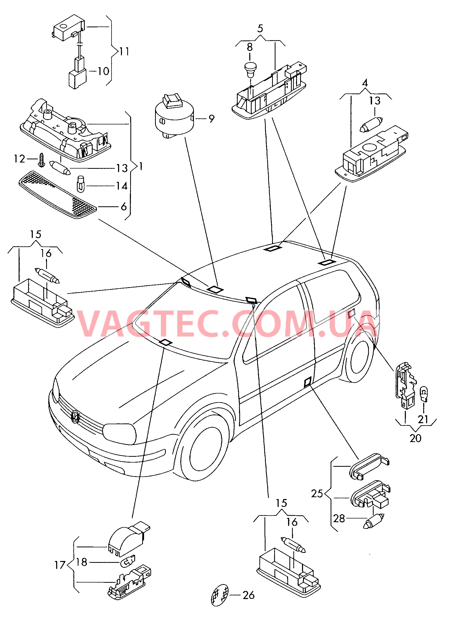 Плафон салона с фонар.д.чтения Косметическая лампа Плафон для чтения Плафон осв. в крышке вещ.ящика Выключатель подсветки вещевого ящика  Выключатель для контроля ручного тормоза Освещение багажника Предупрежд. фонарь двери Cветовозвращатель  для VOLKSWAGEN GOLF 2006