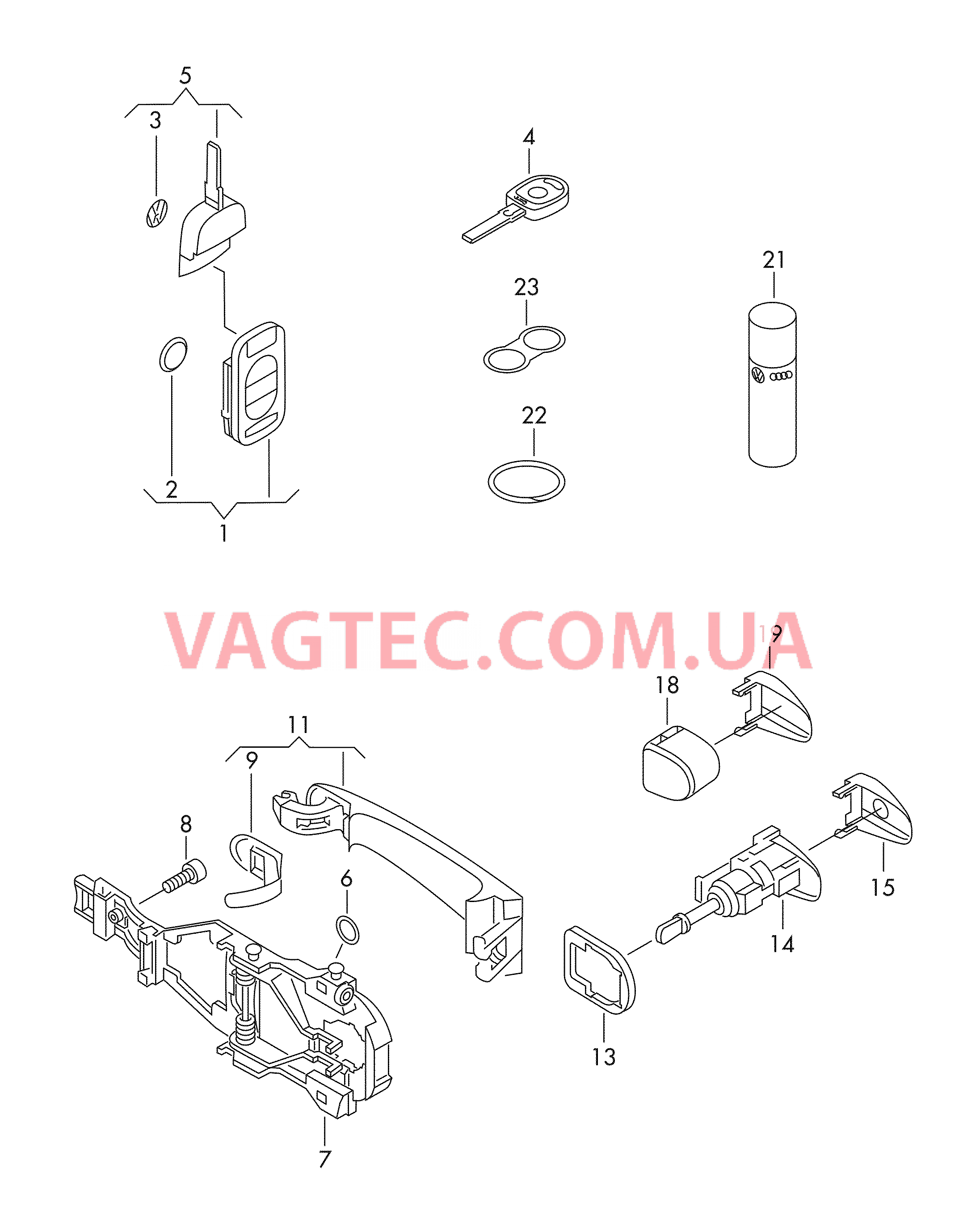 Ключ Ручка двери снаружи К-т личинок замков  для VOLKSWAGEN GOLF 2007