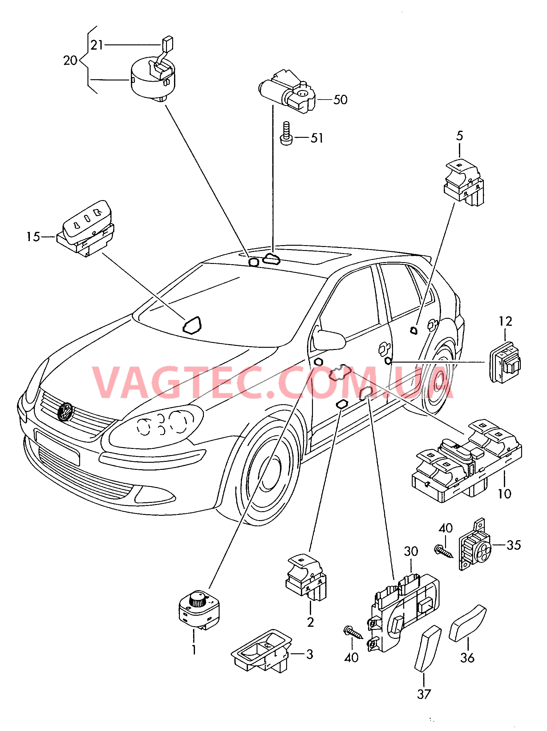 Выключатель в обивке двери Выключатель на крыше Выкл-тель регулир-ки положения сиденья и спинки  Мотор привода люка  для VOLKSWAGEN Jetta 2006-1