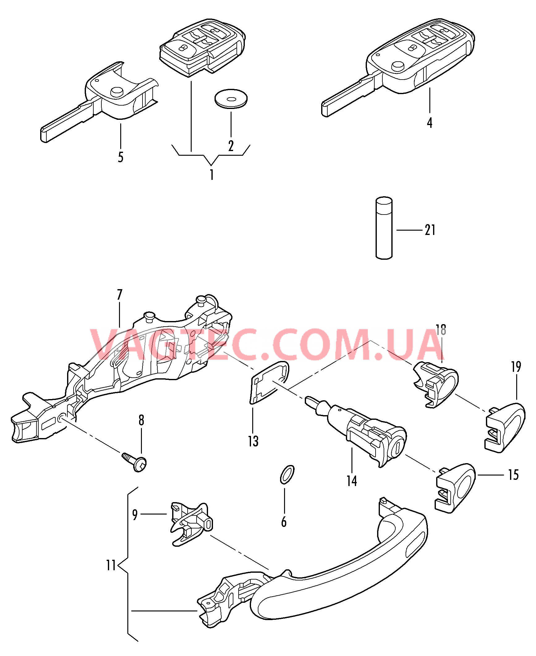 Ключ Ручка двери снаружи К-т личинок замков  для VOLKSWAGEN GOLF 2008