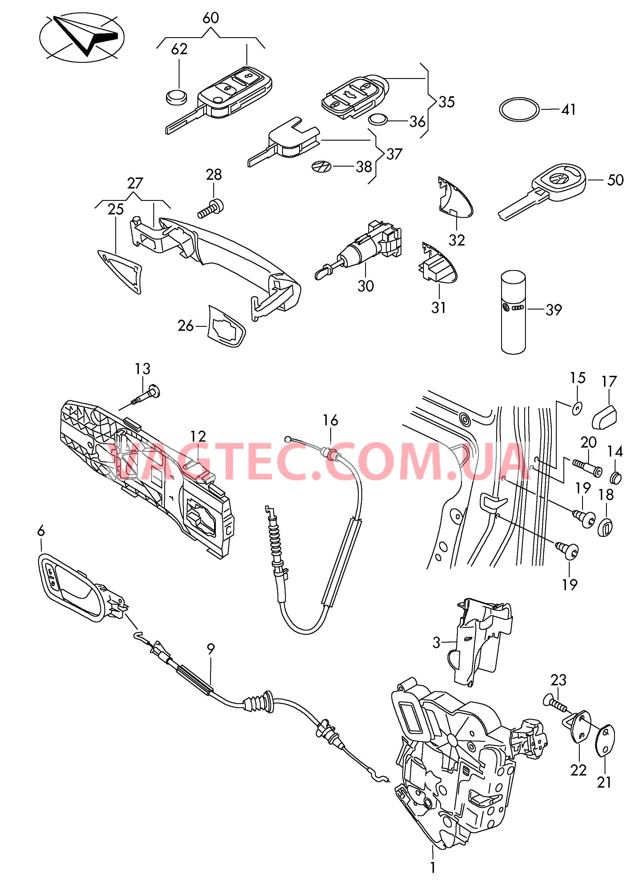 Замок двери Рычаг привода дверного замка Ручка двери снаружи Ключ К-т личинок замков  для VOLKSWAGEN GOLF 2011