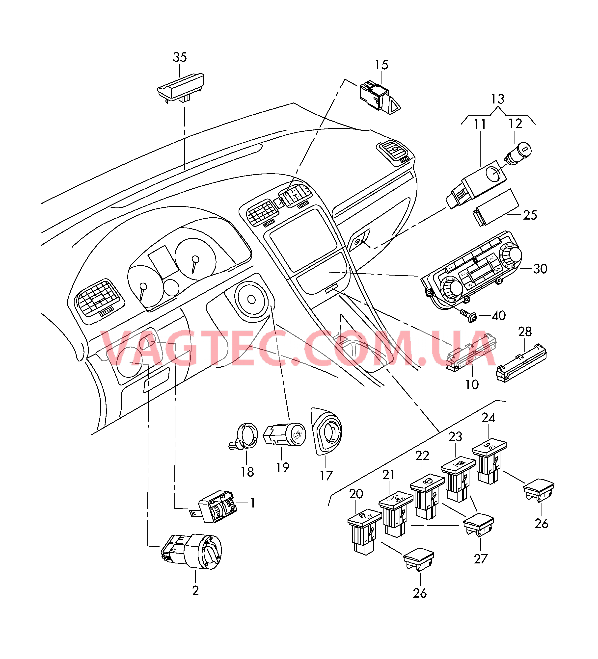 Выключатель света Выключатель в панели приборов Выключатель в централ. консоли БУ климатической установки  для VOLKSWAGEN Jetta 2014