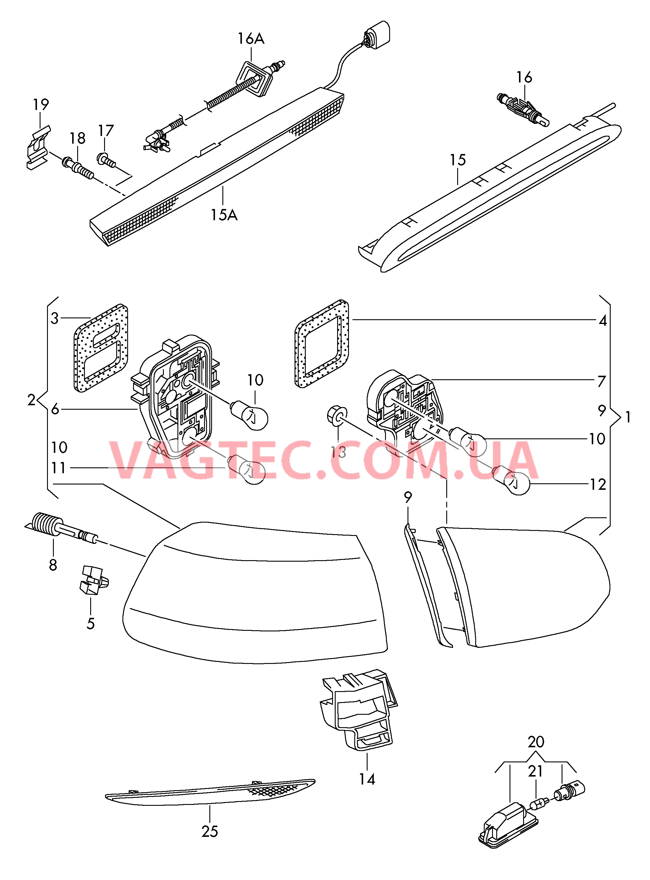 Задний фонарь ------------------------------ Светодиодный задний фонарь  см. панель иллюстраций: ------------------------------ Верхний стоп-сигнал Плафон освещ. номерного знака Cветовозвращатель  для VOLKSWAGEN GOLF 2012-1