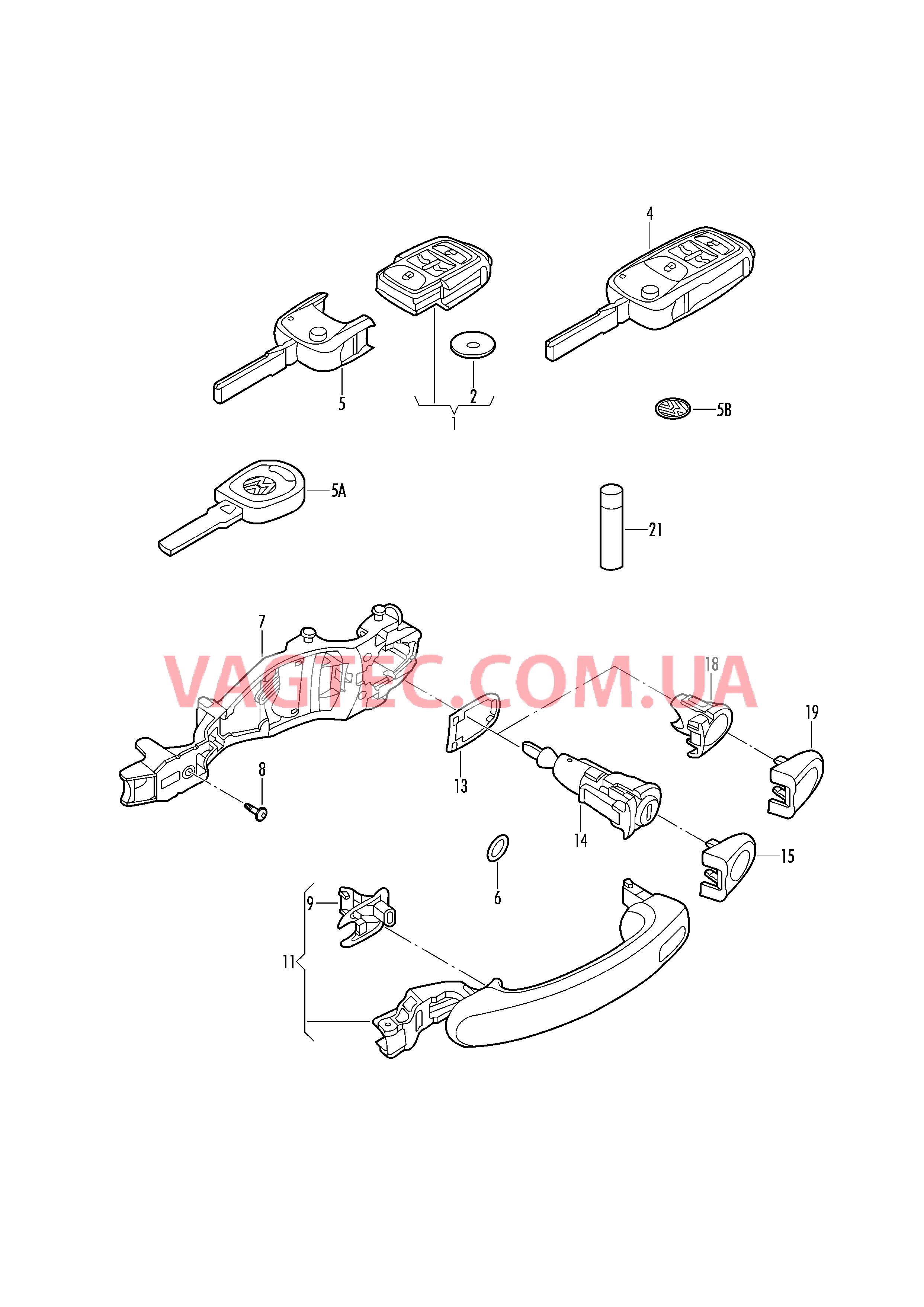 Ключ Ручка двери снаружи К-т личинок замков  для VOLKSWAGEN GOLF 2011-1