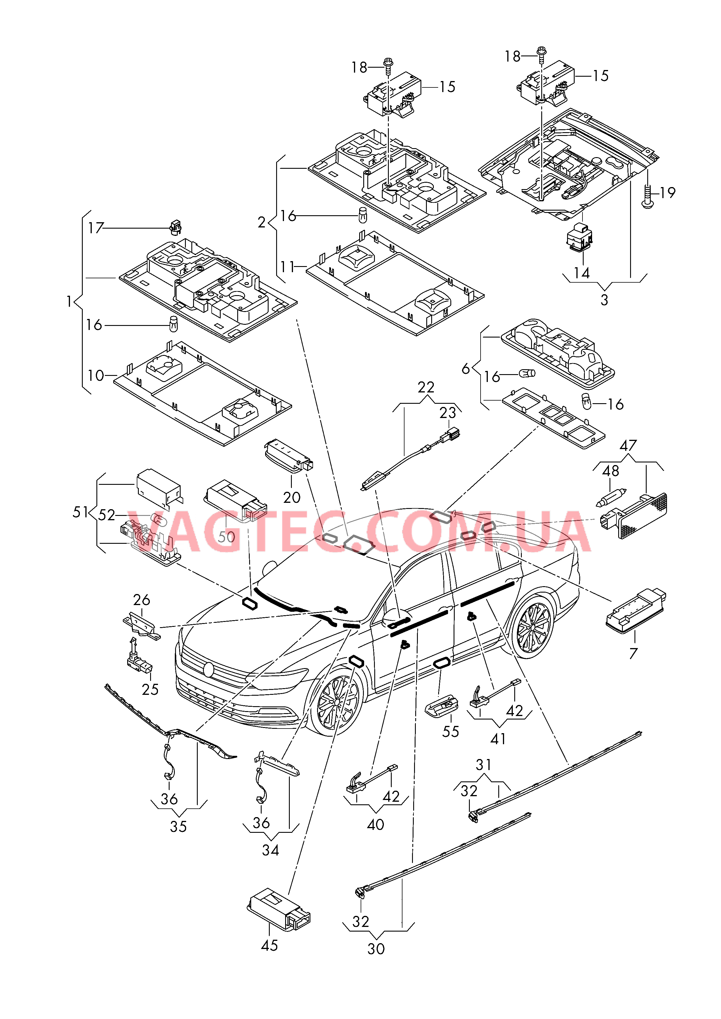 Плафон салона с фонар.д.чтения СИД-плафон косметич.зеркала Подсветка ручки двери Светодиодный фонарь Рычаг привода дверного замка Подсветка ручки закрыв. двери Подсветка подстаканника (CUР HOLDER)  Светодиодный фонарь Панель приборов Освещение пространства для ног Cветовозвращатель Плафон осв. в крышке вещ.ящика Освещение багажника D             >> - 30.05.2016 для VOLKSWAGEN Passat 2017