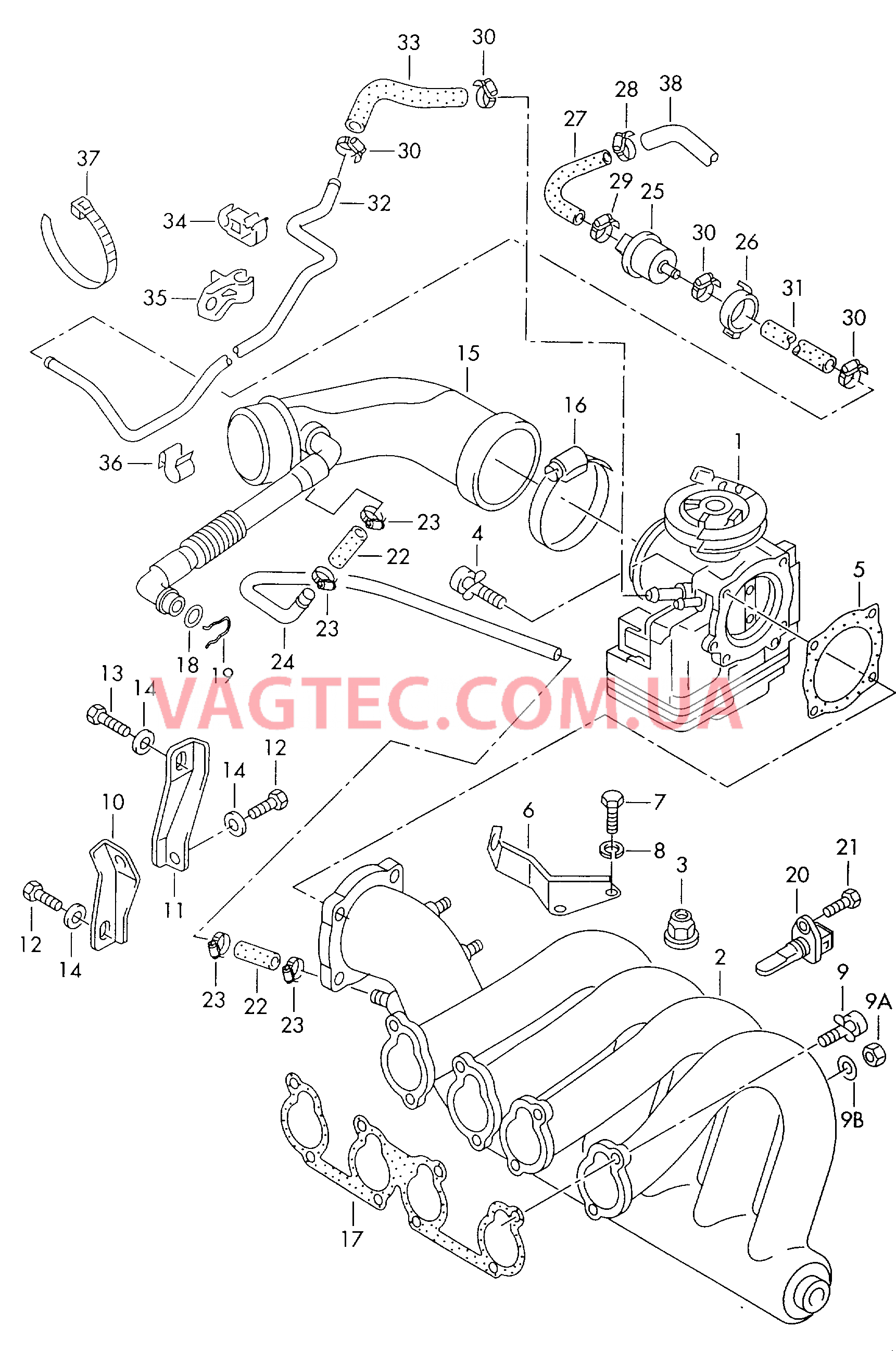  VW РASSAT Патрубок впускного тракта  VW РASSAT Блок дроссельной заслонки  VW РASSAT Вентиляция для крышки головки блока  Cистема улавл. паров топлива  для VOLKSWAGEN Passat 2000