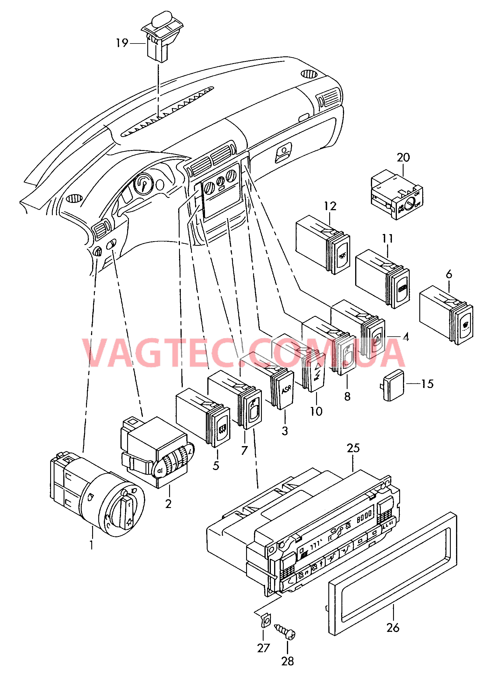 Выключатель в панели приборов БУ климатической установки  для VOLKSWAGEN Passat 2000-1