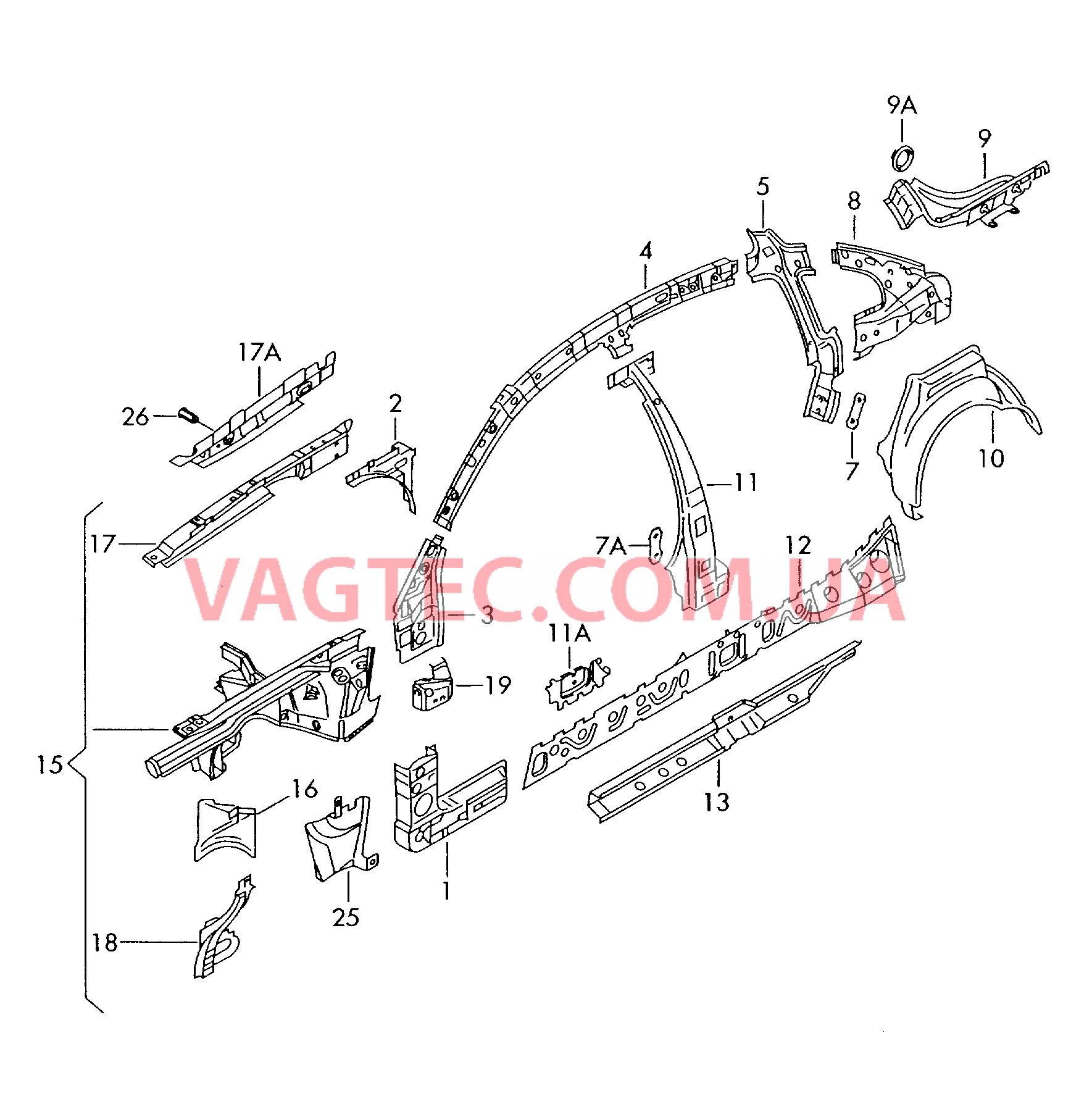 Деталь боковая Арка колеса с лонжероном  для VOLKSWAGEN Passat 2002