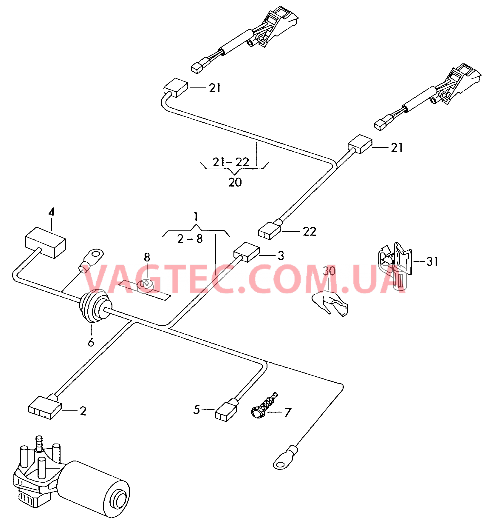 Жгут проводов мотора стеклооч. Форсунка, обогреваемая с/без для а/м с обогреваемым ветровым стеклом  ------------------------------ Провода подогрева жиклёров  Капот  для VOLKSWAGEN Passat 2003