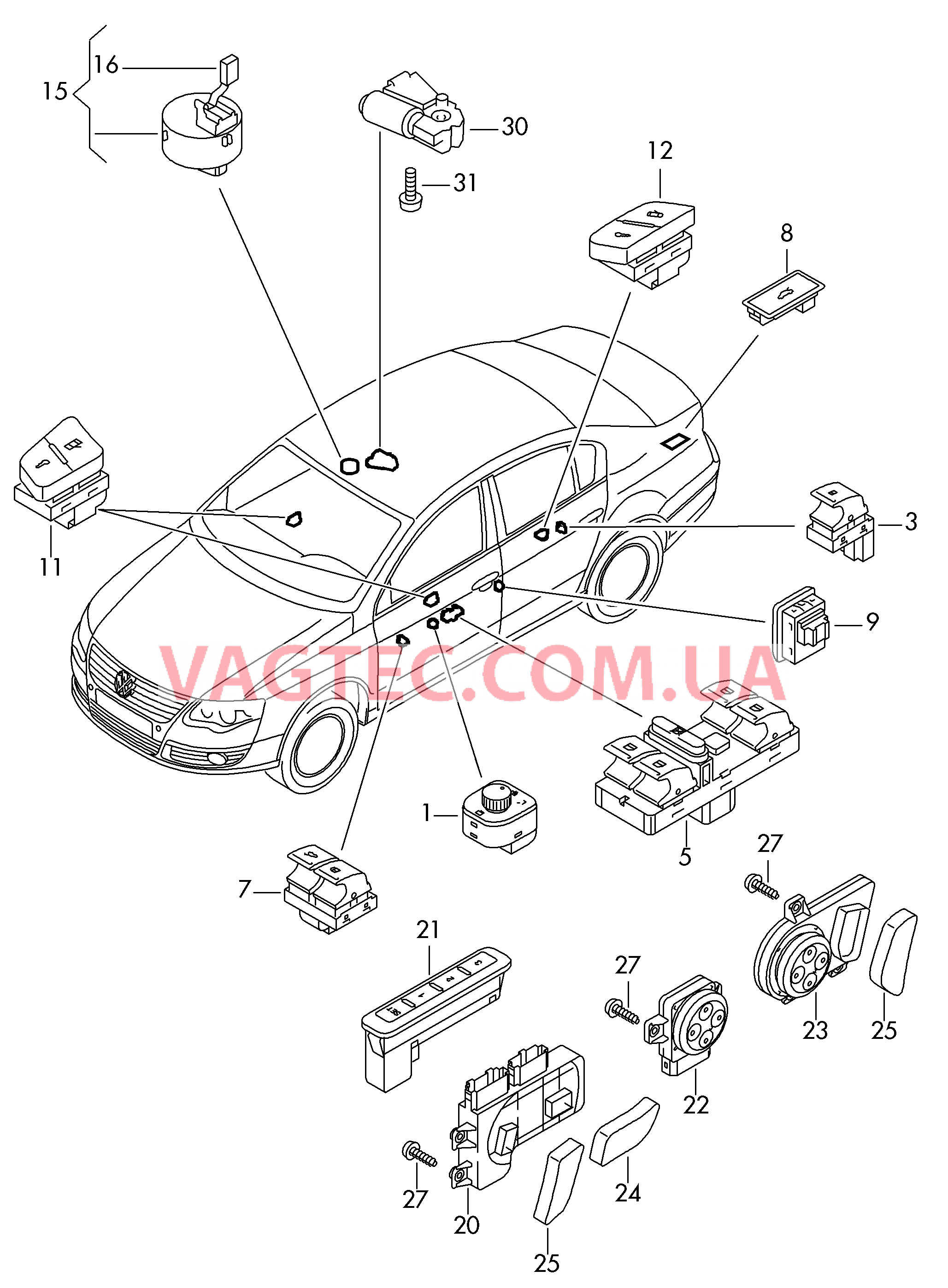 Выключатель в обивке двери Выключатель на крыше Выключатель регулировки сиден. Мотор привода люка  для VOLKSWAGEN Passat 2007
