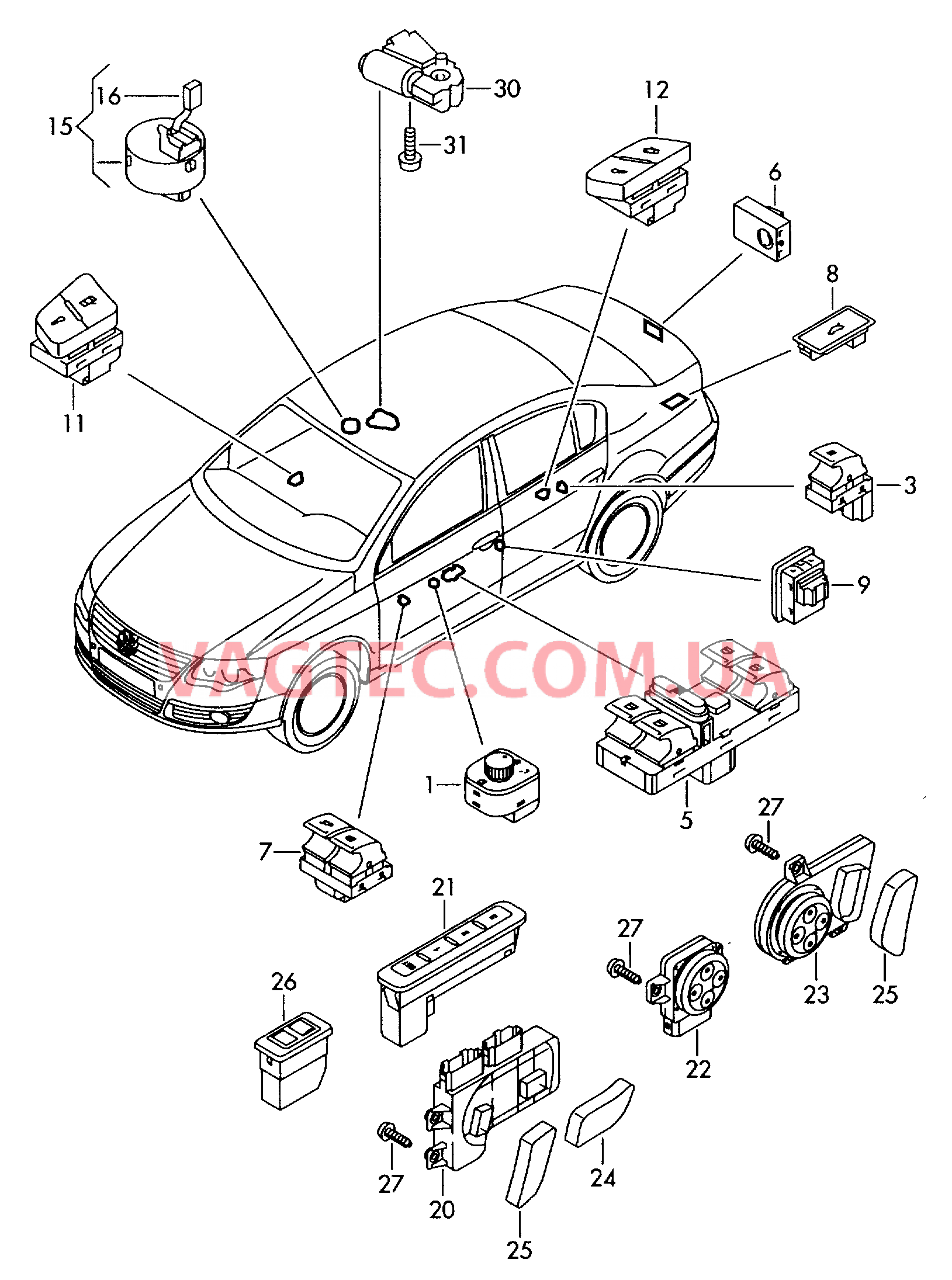 Выключатель в обивке двери Выключатель на крыше Выключатель регулировки сиден. Мотор привода люка  для VOLKSWAGEN Passat 2008