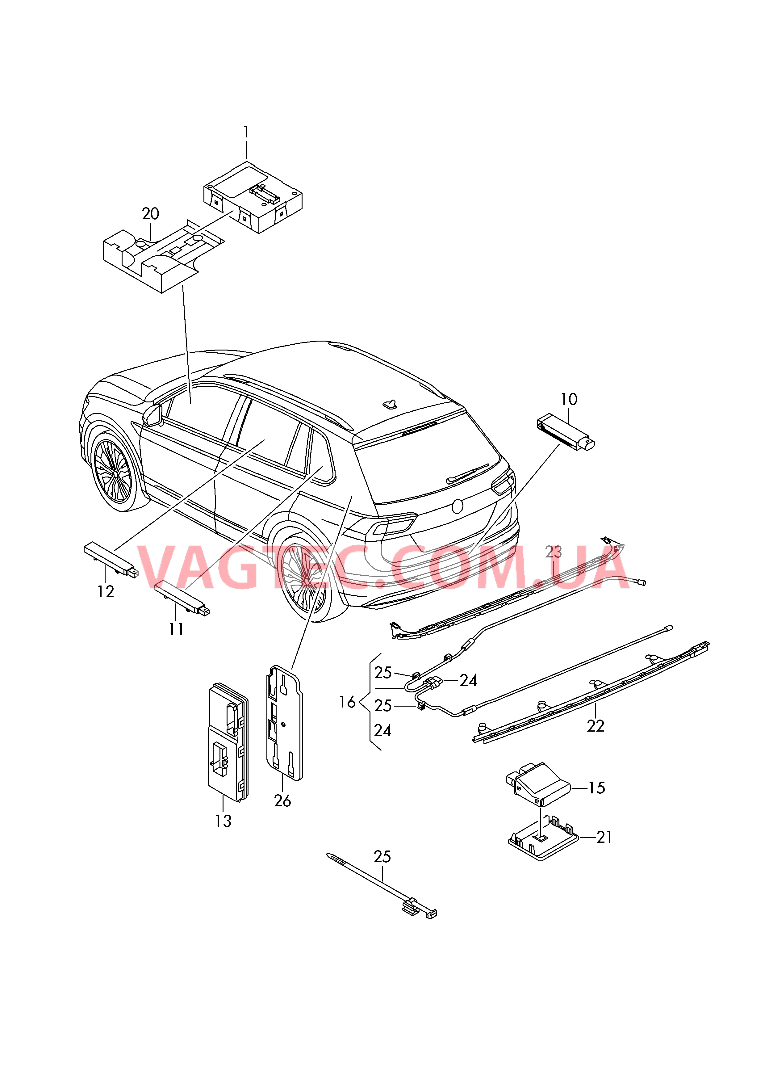 БУ системы санкционирования доступа и пуска двигателя  Cистема KEYLESS ENTRY (KESSY) Блок управления крышки багажного отсека  Антенна системы санкц. доступа и пуска двигателя (KESSY)  для VOLKSWAGEN Tiguan 2017-1