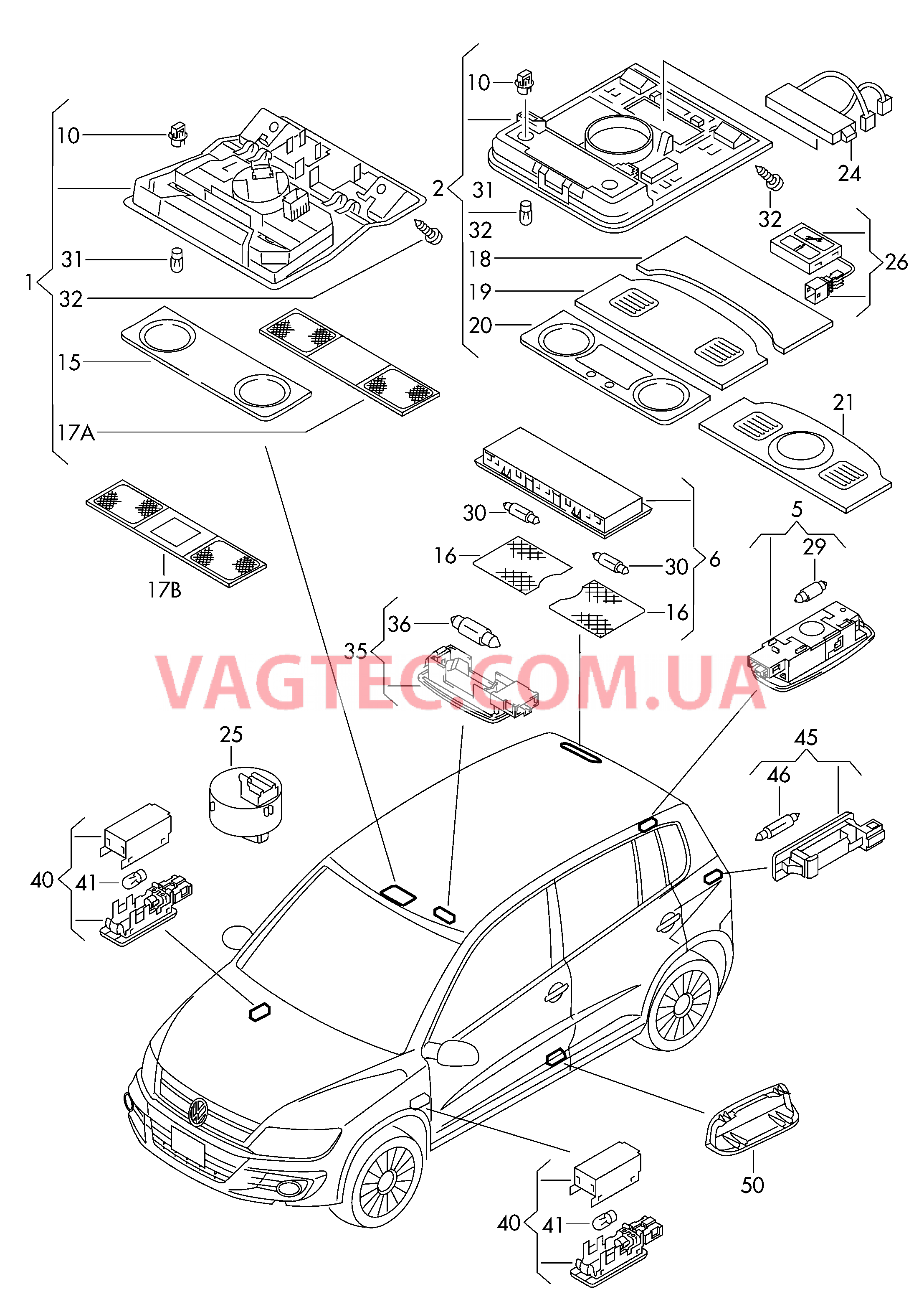 Плафон салона с фонар.д.чтения Косметическая лампа Плафон осв. в крышке вещ.ящика Подсветка порогов Освещение багажника Cветовозвращатель D - 27.05.2013>> для VOLKSWAGEN Tiguan 2013