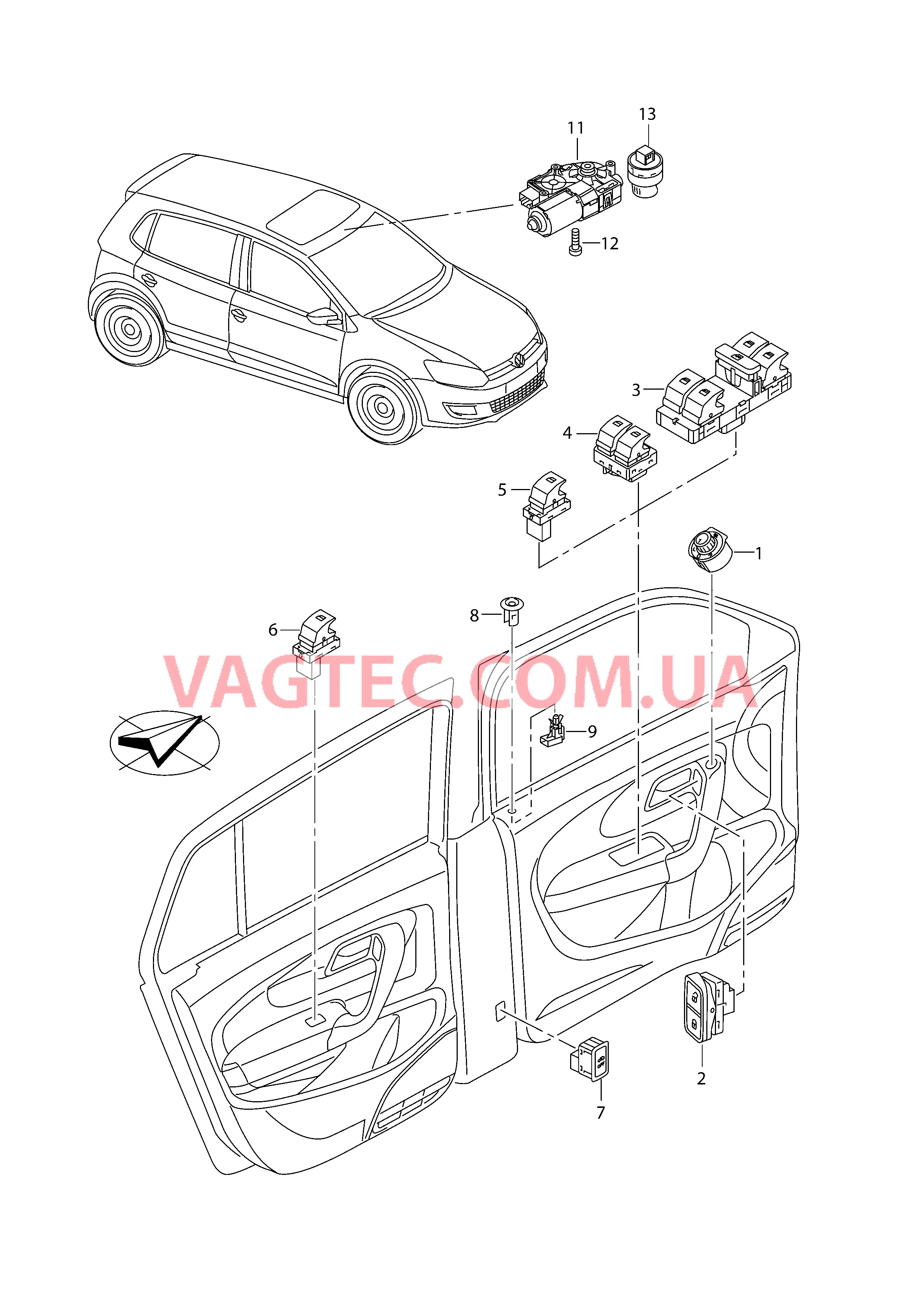 Выключатель в обивке двери Выкл-тель регулир-ки положения сиденья и спинки  Мотор привода люка Выключатель на крыше  для VOLKSWAGEN Polo 2015-2