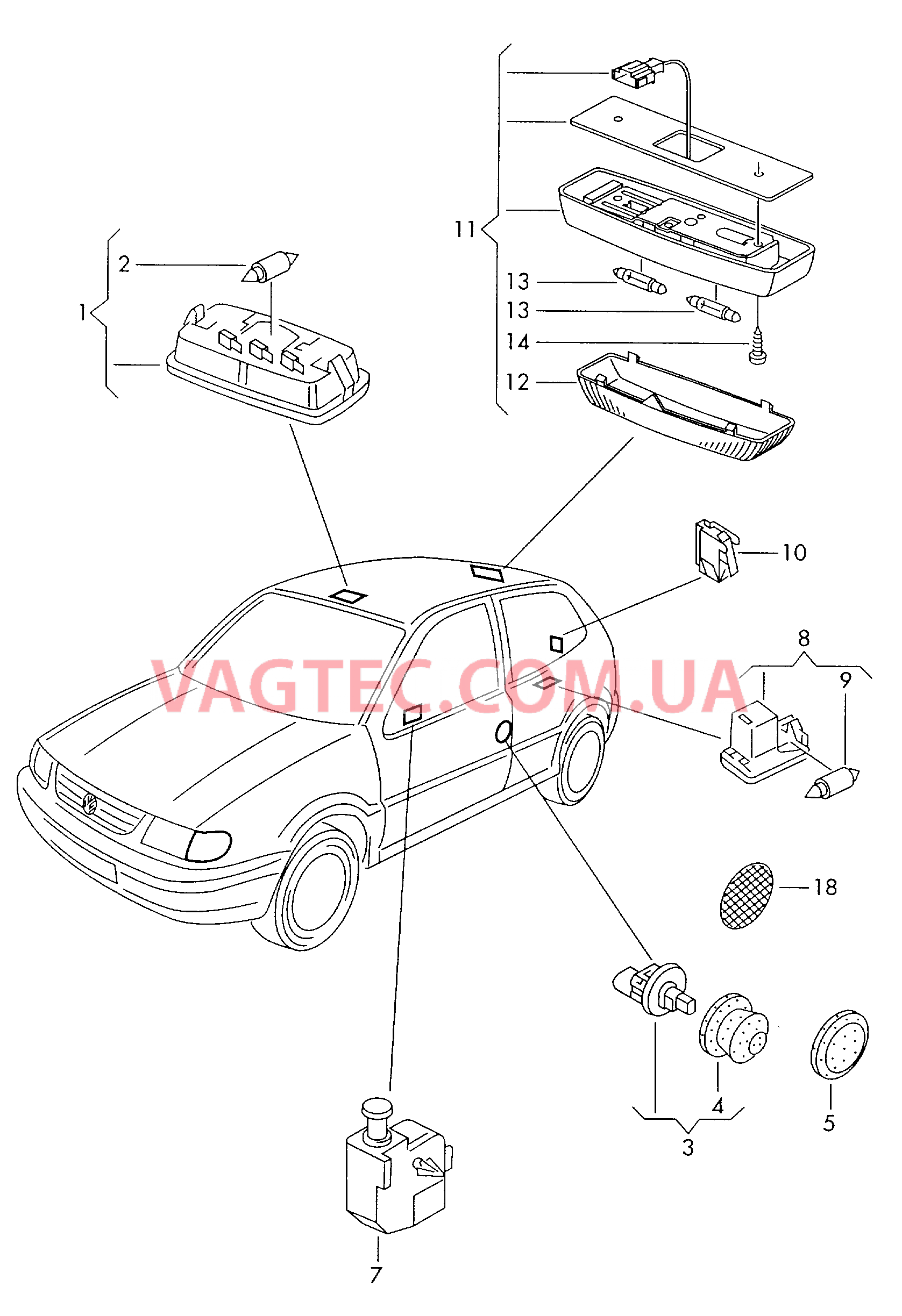 Плафон для VW РOLO  Выключатель для контроля ручного тормоза для VW РOLO  Освещение багажника для VW РOLO  Cветовозвращатель для VW РOLO   для VOLKSWAGEN Polo 2000