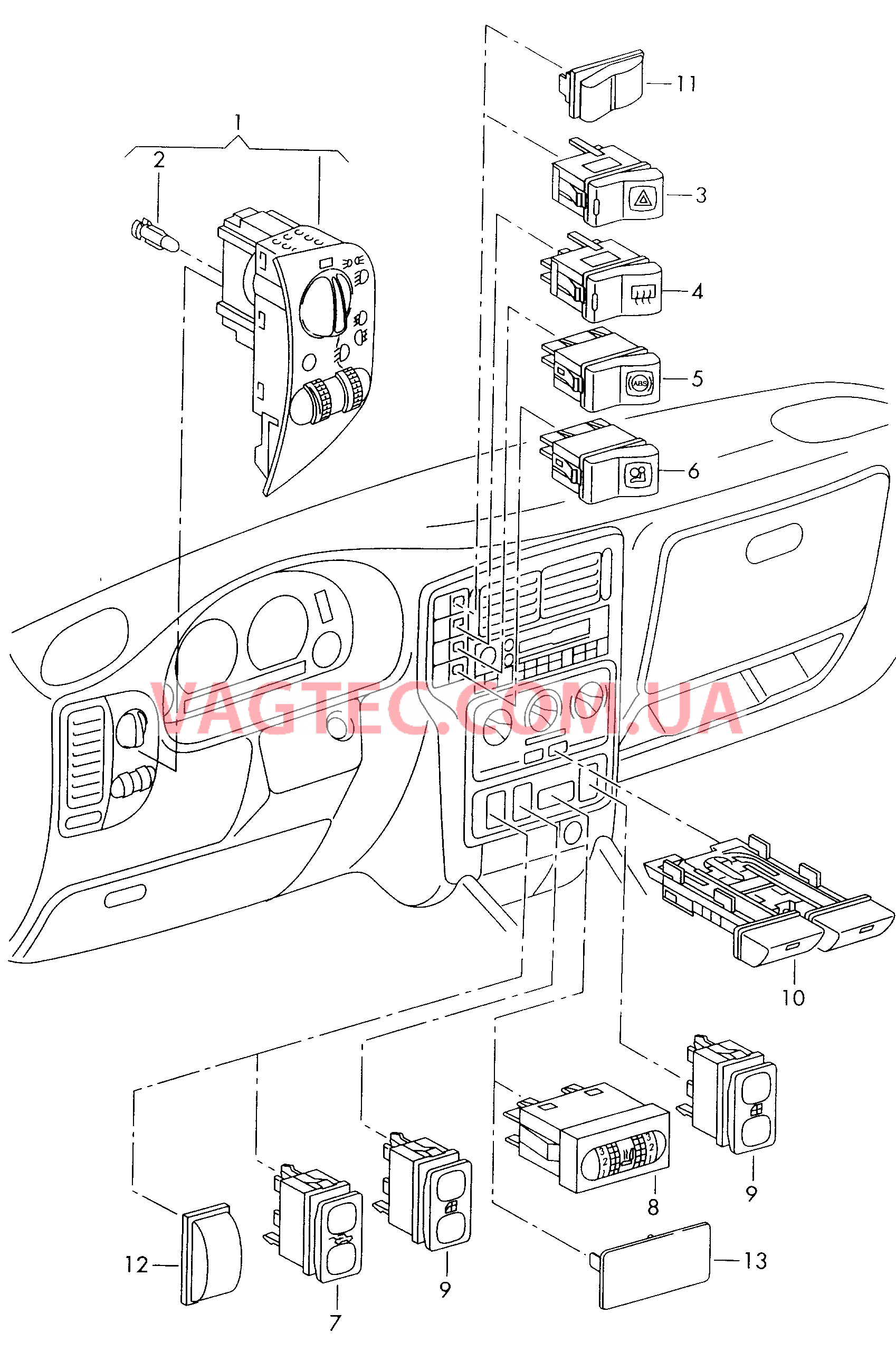 Выключатель в панели приборов для VW РOLO    Освещение:  для VOLKSWAGEN Polo 2000