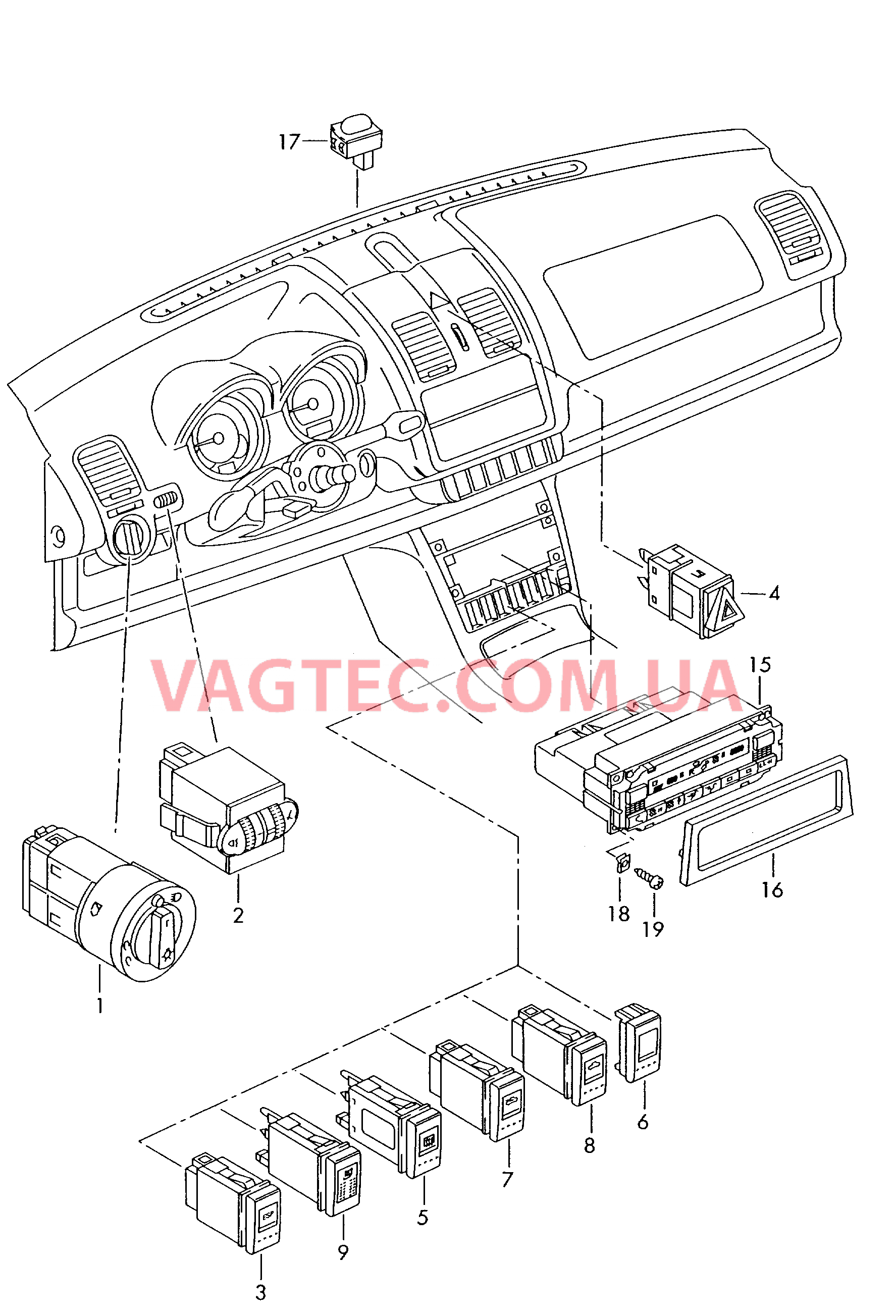 Выключатель в панели приборов БУ климатической установки  для VOLKSWAGEN Polo 2002