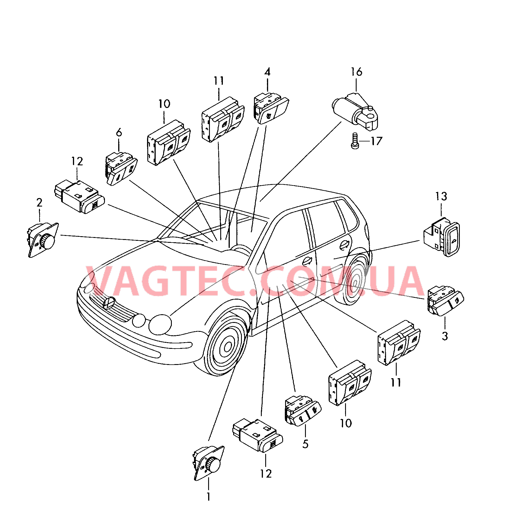 Выключатель в обивке двери Мотор привода люка  для VOLKSWAGEN Polo 2007