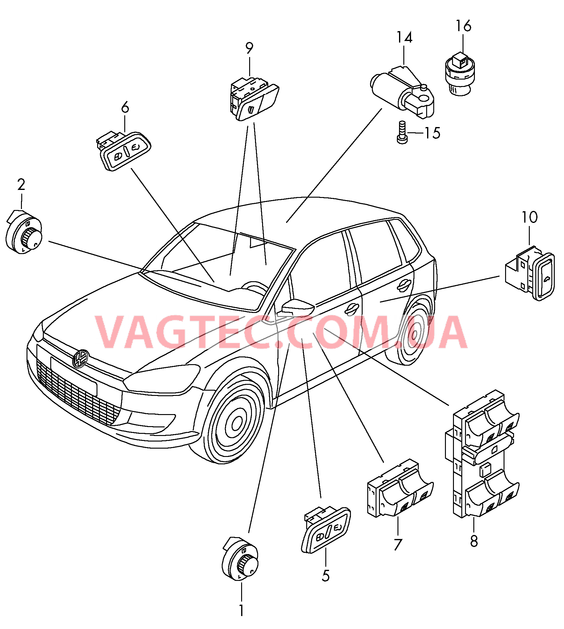 Выключатель в обивке двери Мотор привода люка Выключатель на крыше  для VOLKSWAGEN Polo 2010-1