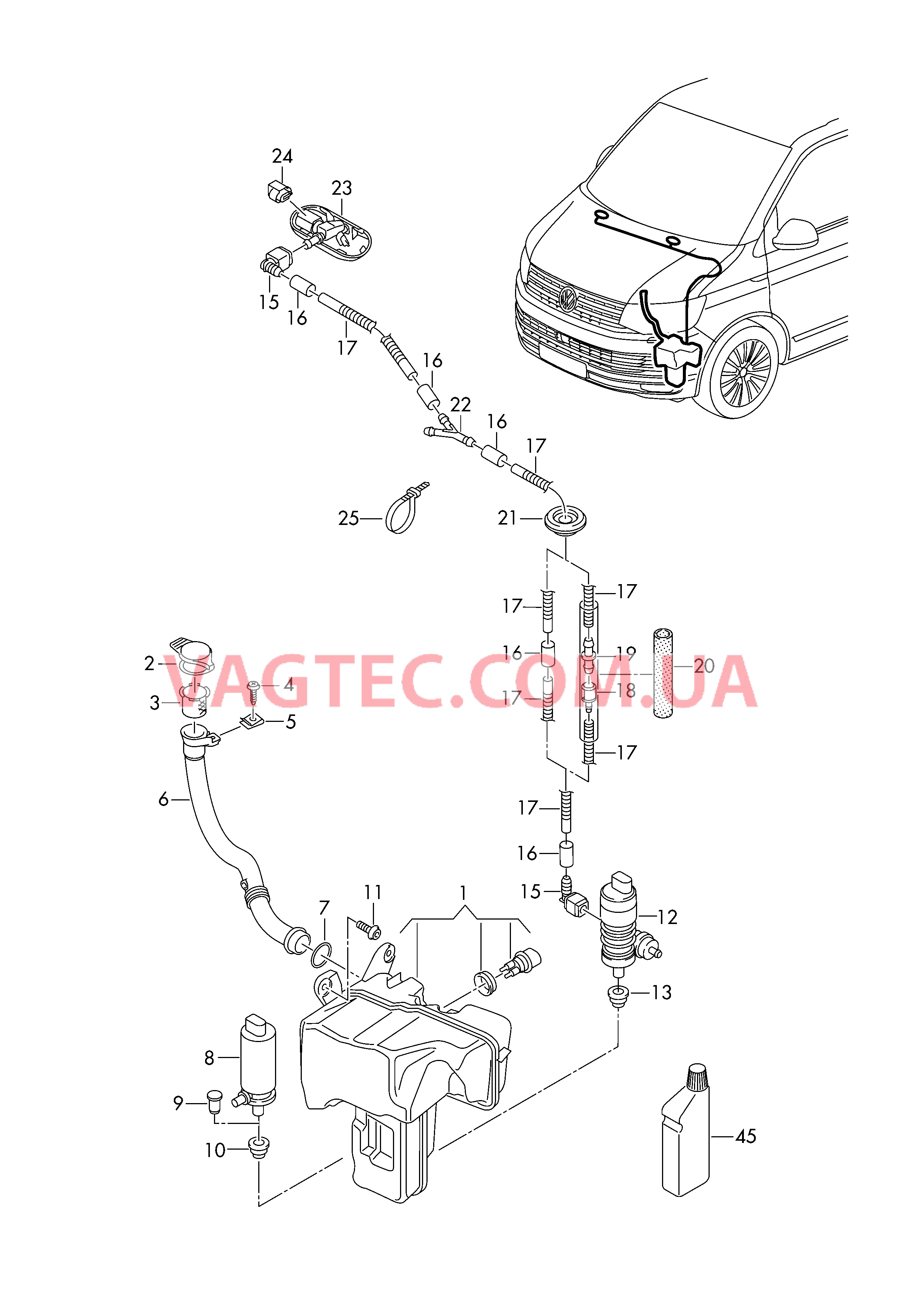 Бачок д/омыв.жидкости и детали  Шланг жидкости омывателя Cредство для очистки стекол  для VOLKSWAGEN Transporter 2016