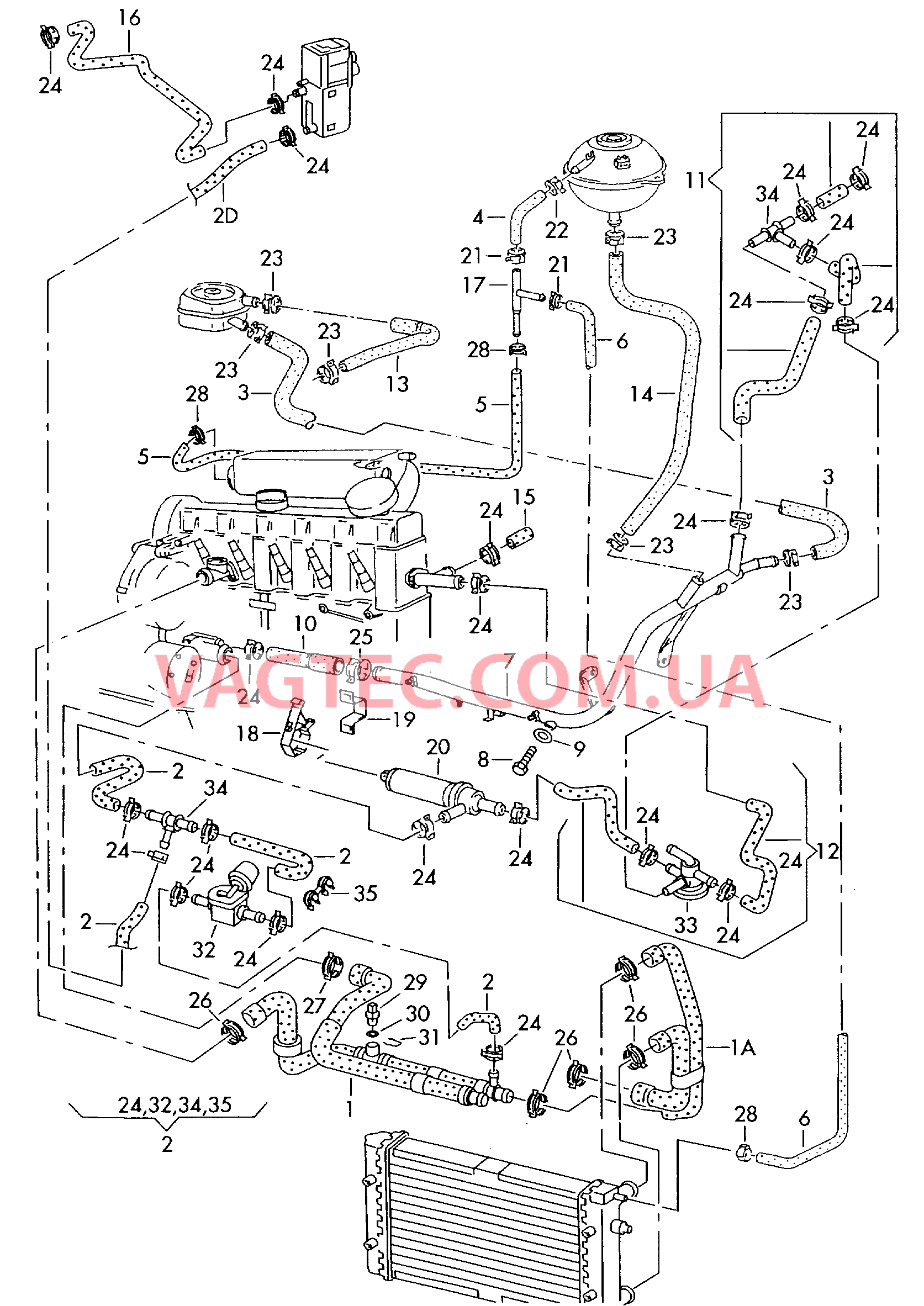 Шланги ОЖ и трубки  для а/м с дополнительной системой отопления  для а/м со вторым теплообменником  Отопление Шланги ОЖ  см. панель иллюстраций:  для VOLKSWAGEN Transporter 2001