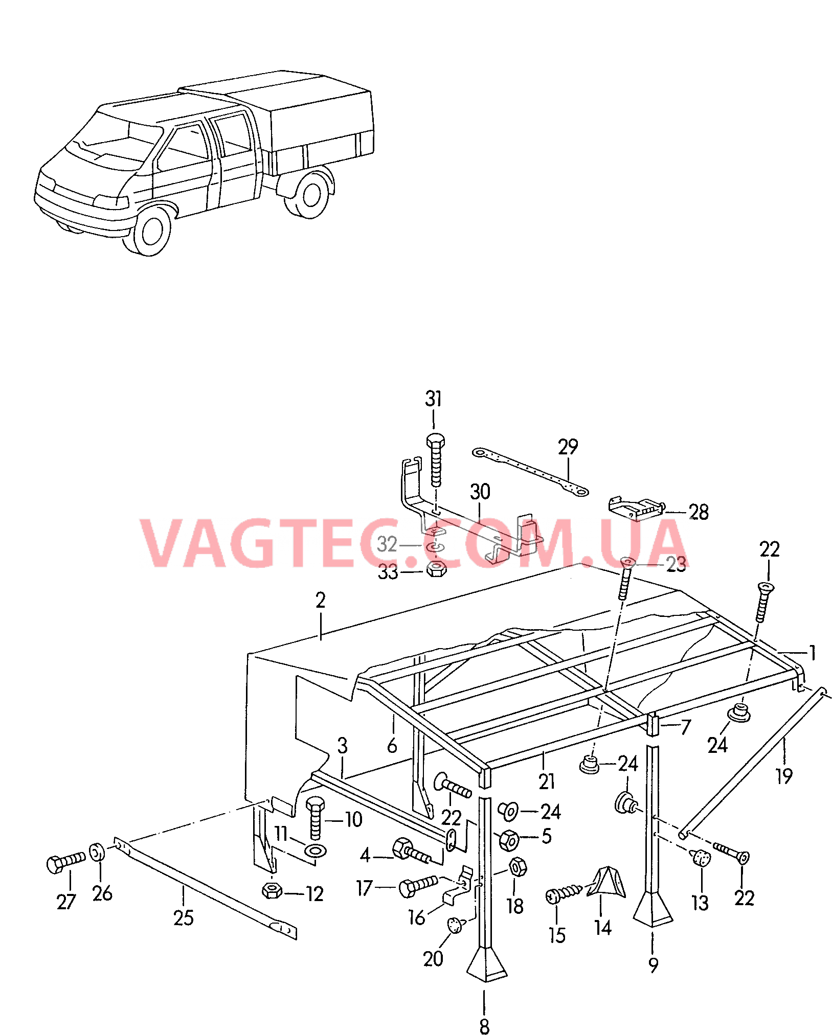 Каркас складной крыши с тентом и деталями крепления  (высота кабины-тента)  для VOLKSWAGEN Transporter 2001