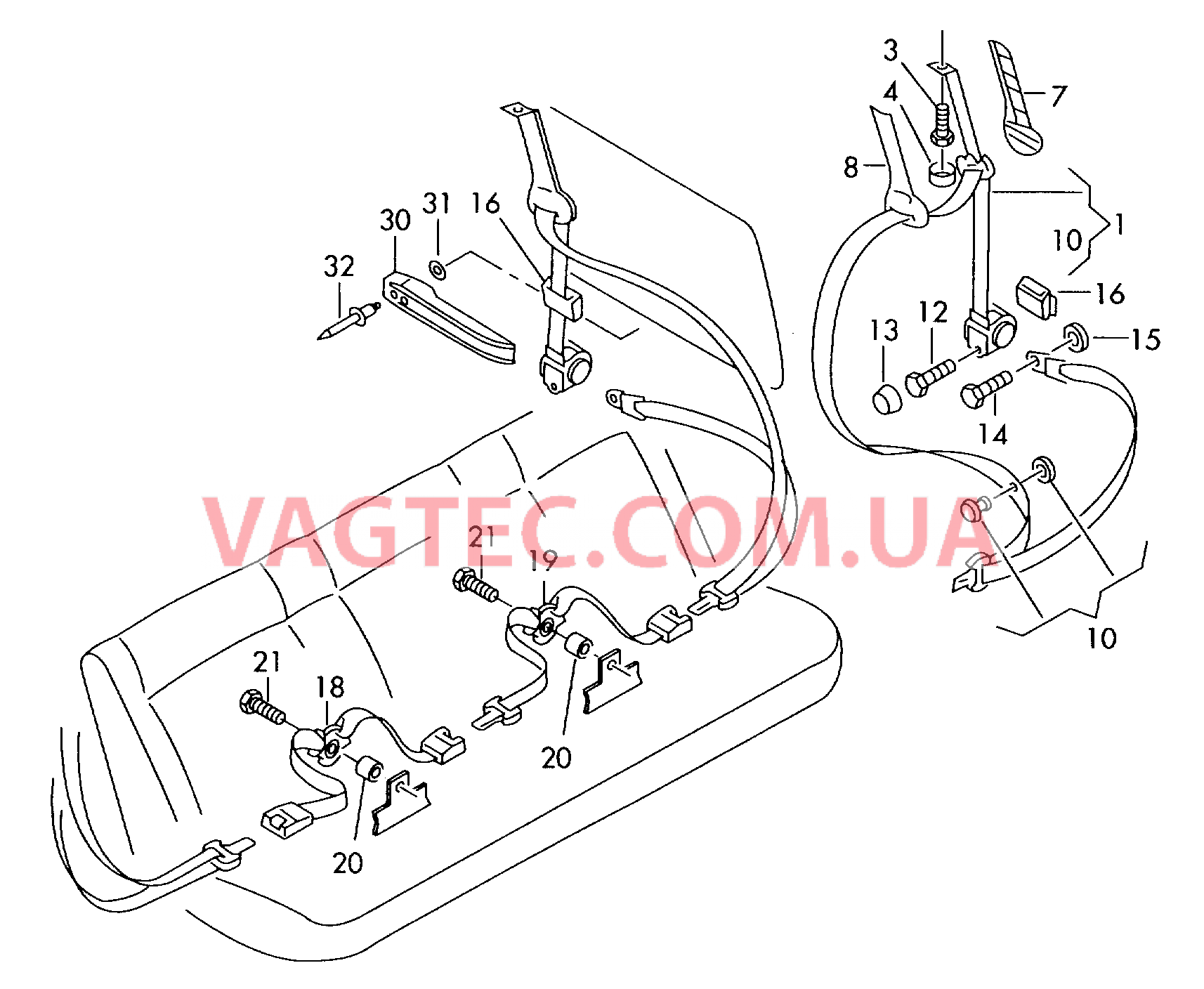 Ремни безопасности в пассажирском салоне  для трехместного сиденья  для VOLKSWAGEN Transporter 2001