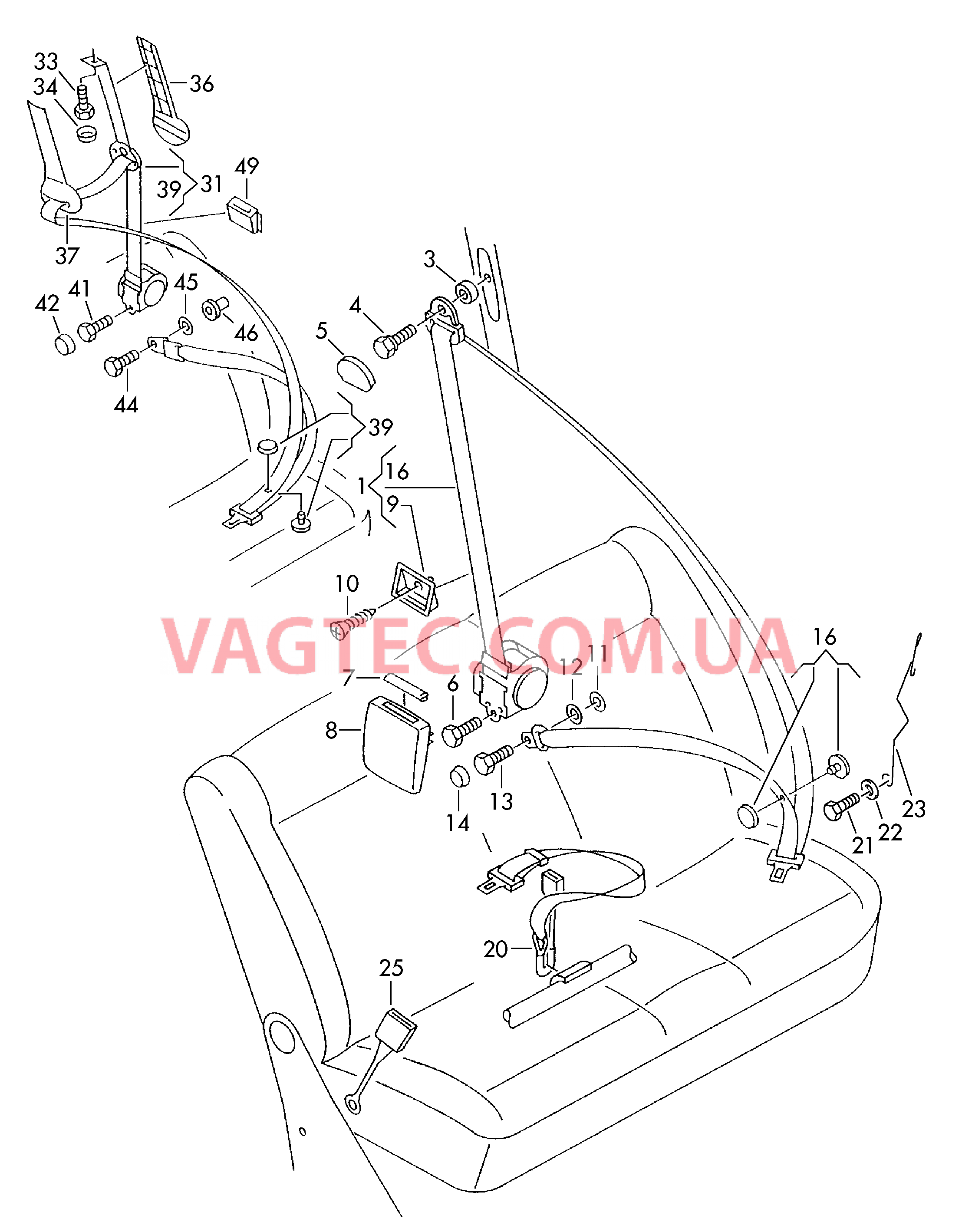 3-точечный ремень безопасности в пассажирском салоне  для двухместного сиденья  для VOLKSWAGEN Transporter 2001