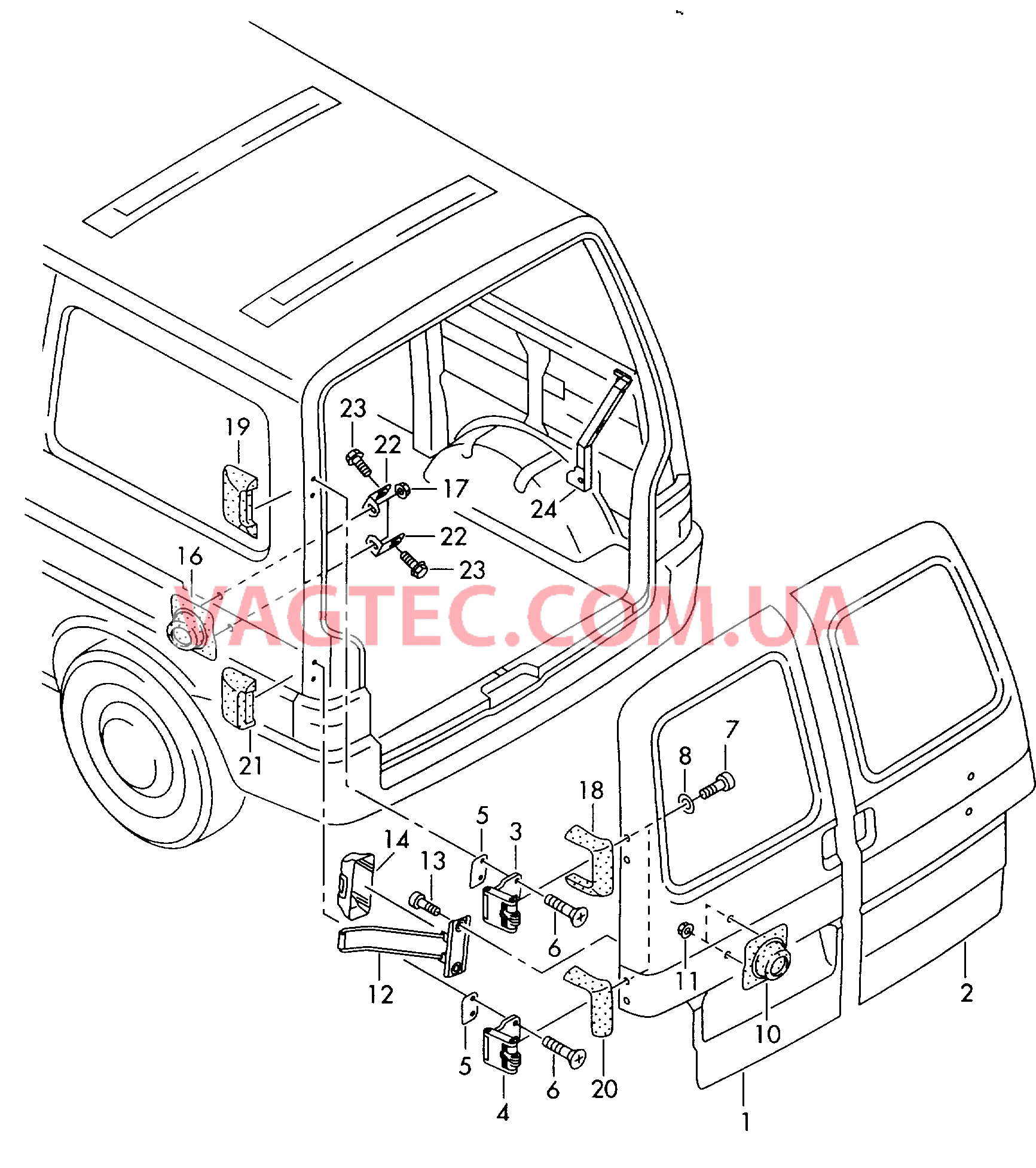 Распашная дверь с углом от                    крывания:  для VOLKSWAGEN Transporter 2001