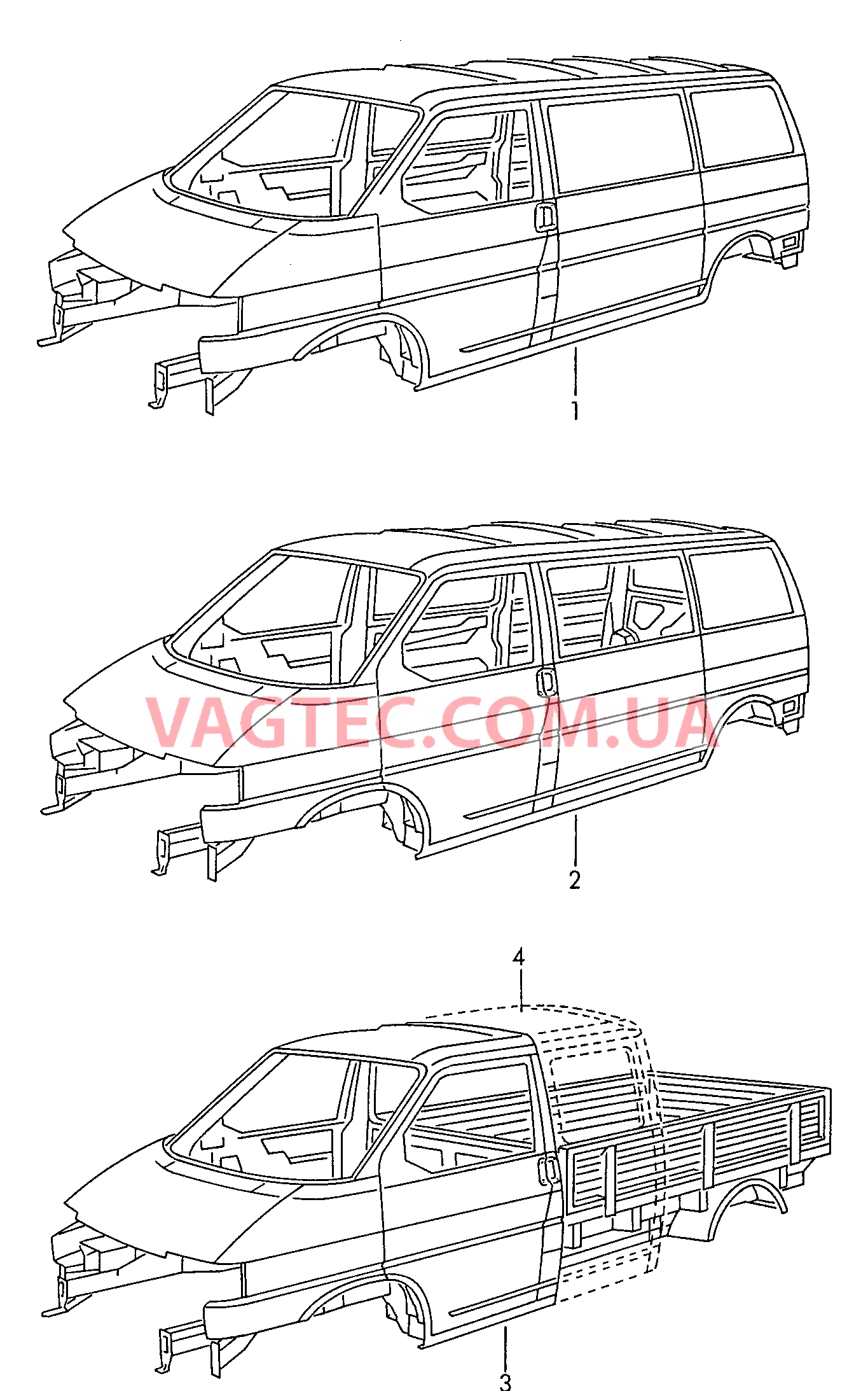 Кузов грунтованный, с капотом, крышкой багажного отсека, крыльями и дверями, с шумоизоляцией и защитой днища  для VOLKSWAGEN Transporter 2000