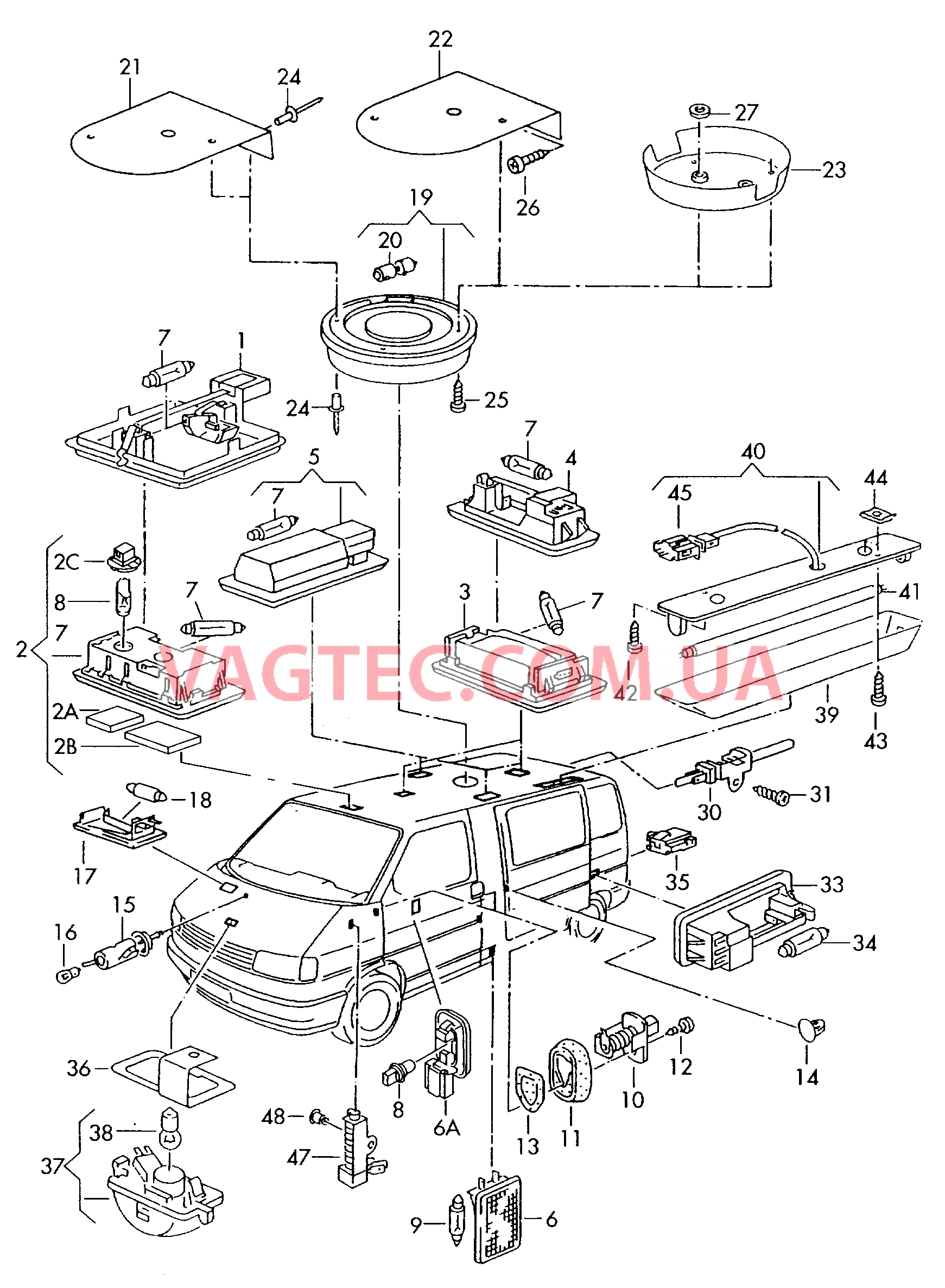 Плафон Плафон осв. в крышке вещ.ящика Освещение багажного отделения Освещение багажника Плафон освещения мотор. отсека Транзисторный плафон освещения Выключатель для контроля ручного тормоза  для VOLKSWAGEN Transporter 2003