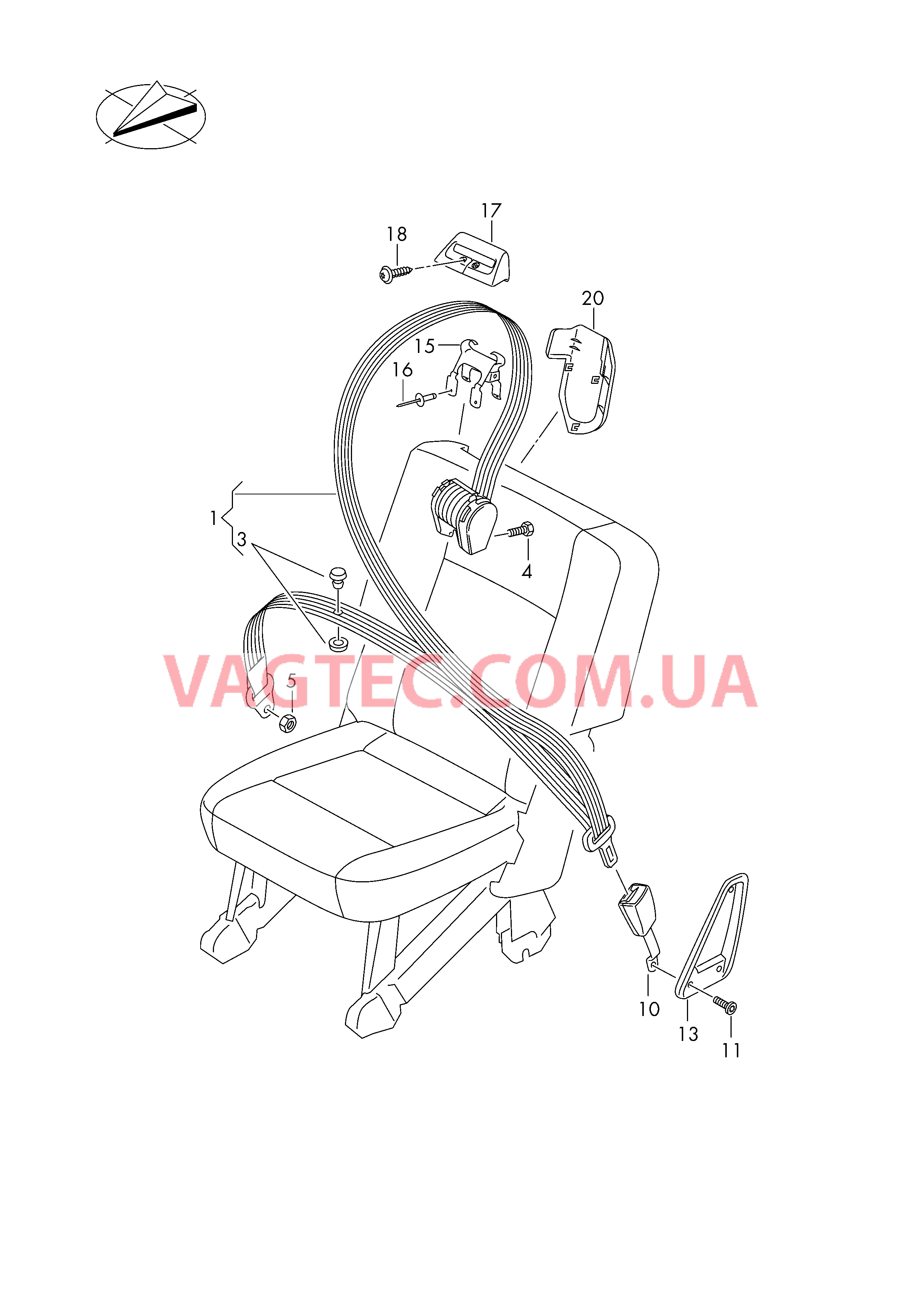 3-точечный ремень безопасности в пассажирском салоне  для а/м с одноместным сиденьем  для VOLKSWAGEN Transporter 2018