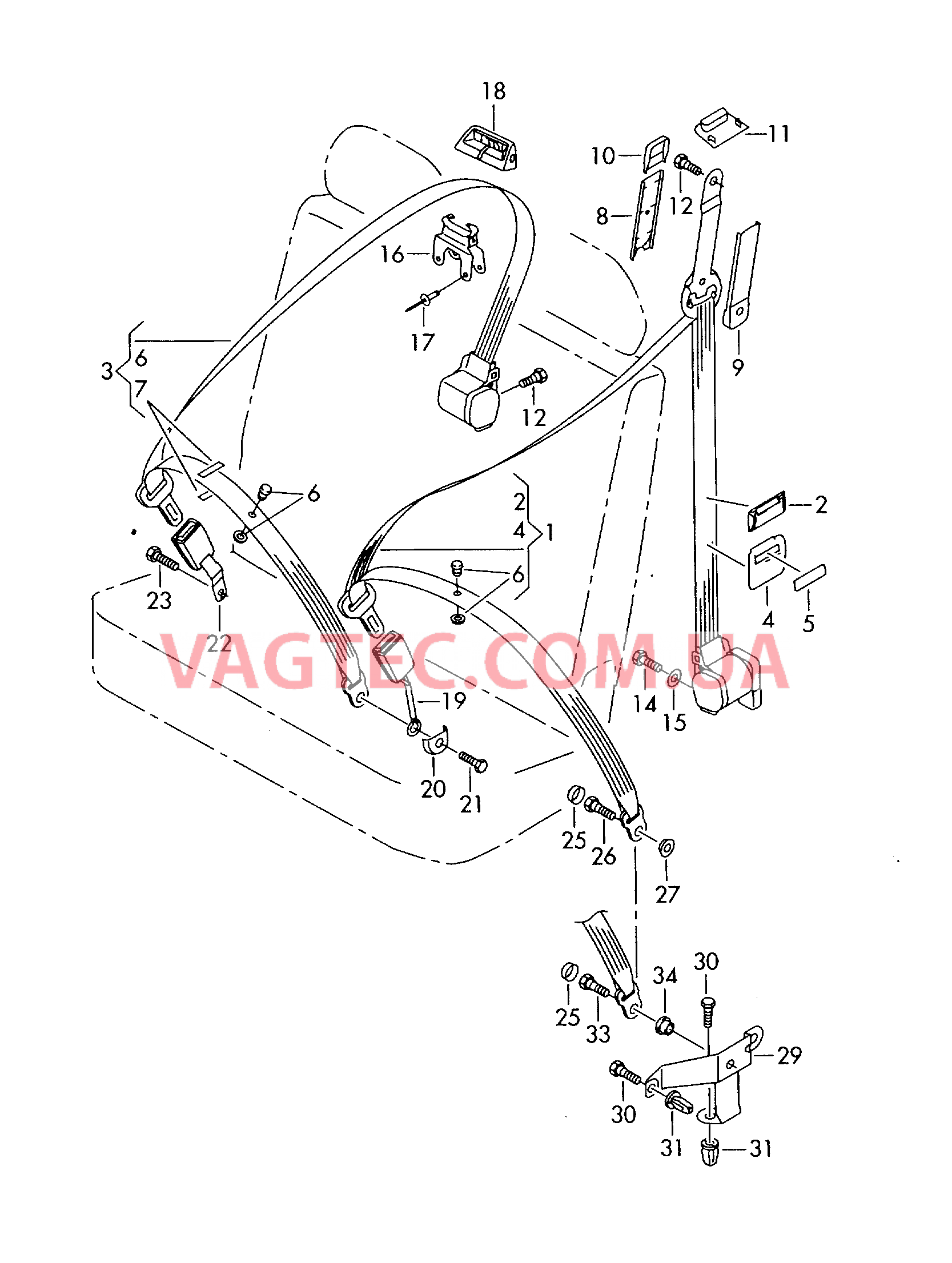 3-точечный ремень безопасности в пассажирском салоне  для двухместного сиденья   для а/м с базой:  для VOLKSWAGEN Transporter 2004-1