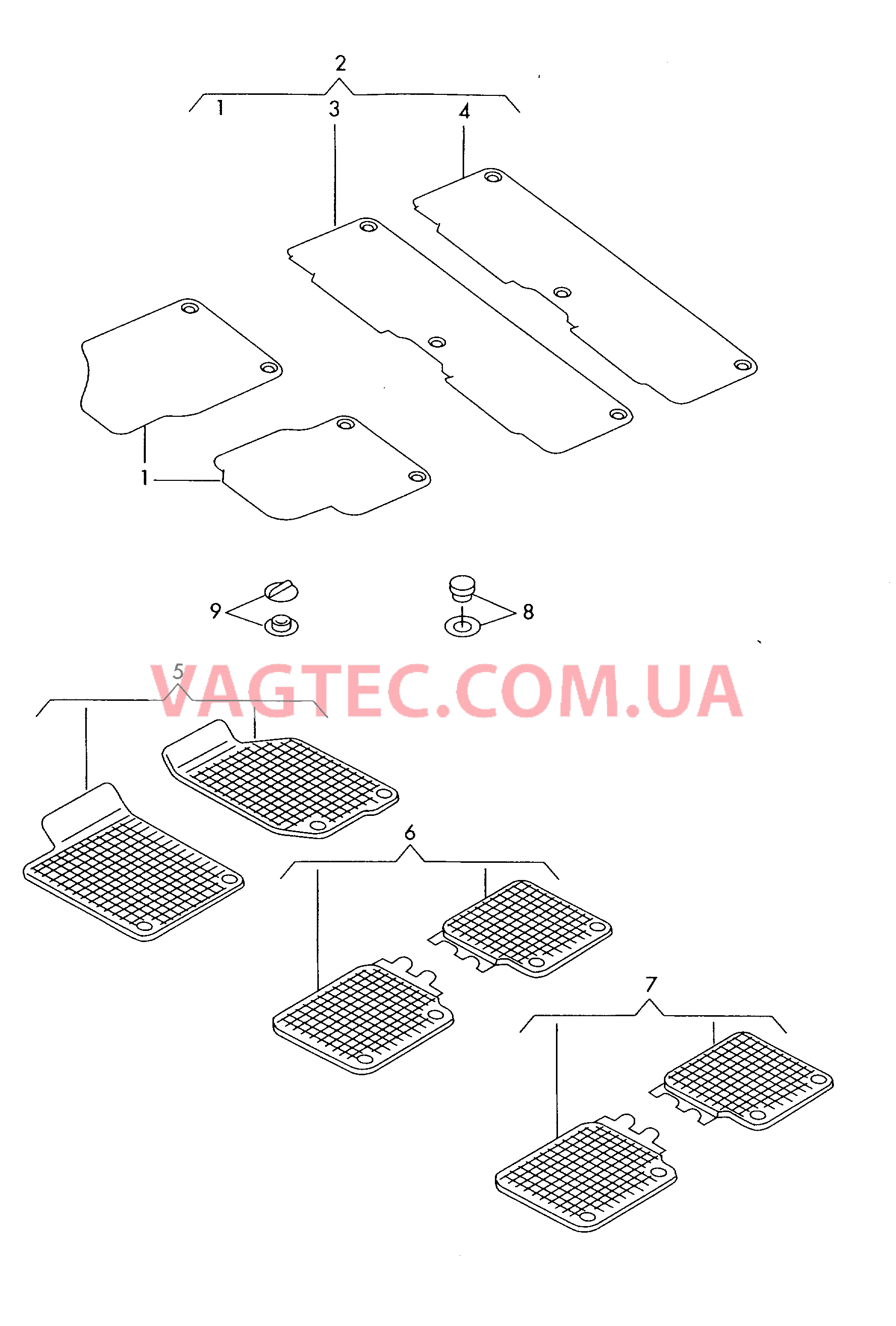 Оригинальные аксессуары 1 к-т ковриков (текстильн.м-л) 1 к-т ковриков (резиновые) Элемент крепления   для VOLKSWAGEN Touran 2015