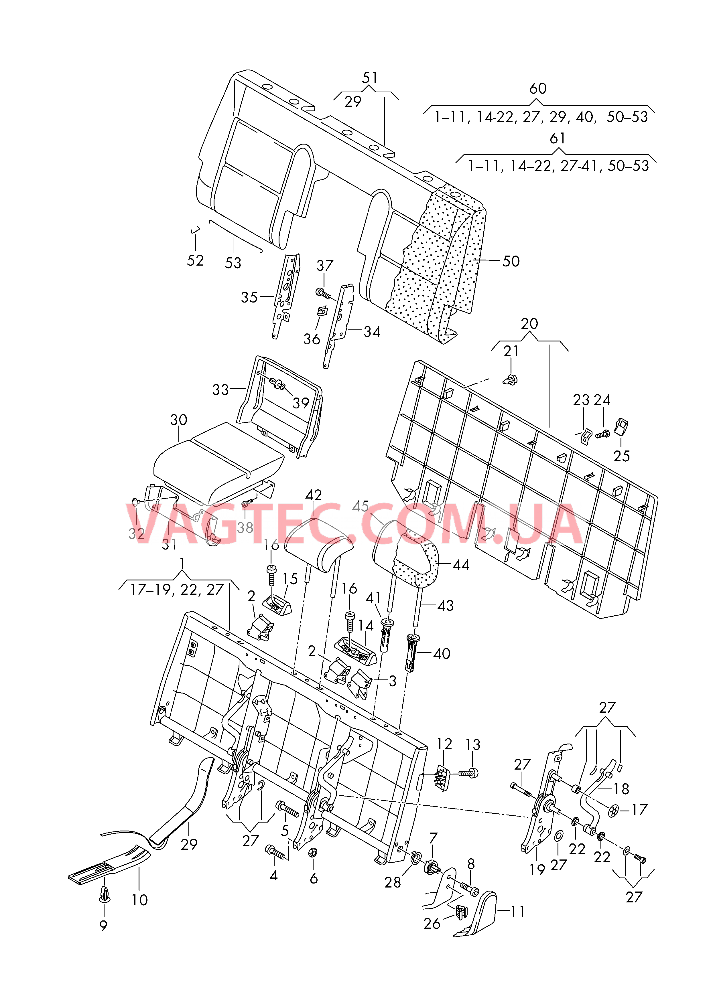 Cпинка многоместного сиденья (исполн. в виде раскл. кров.)  для VOLKSWAGEN Transporter 2005