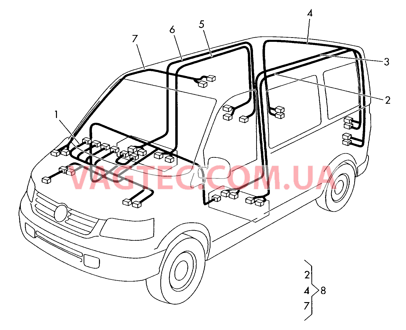 Cписок применения Жгуты проводов   F             >> 7H-5-075 000* для VOLKSWAGEN Transporter 2005