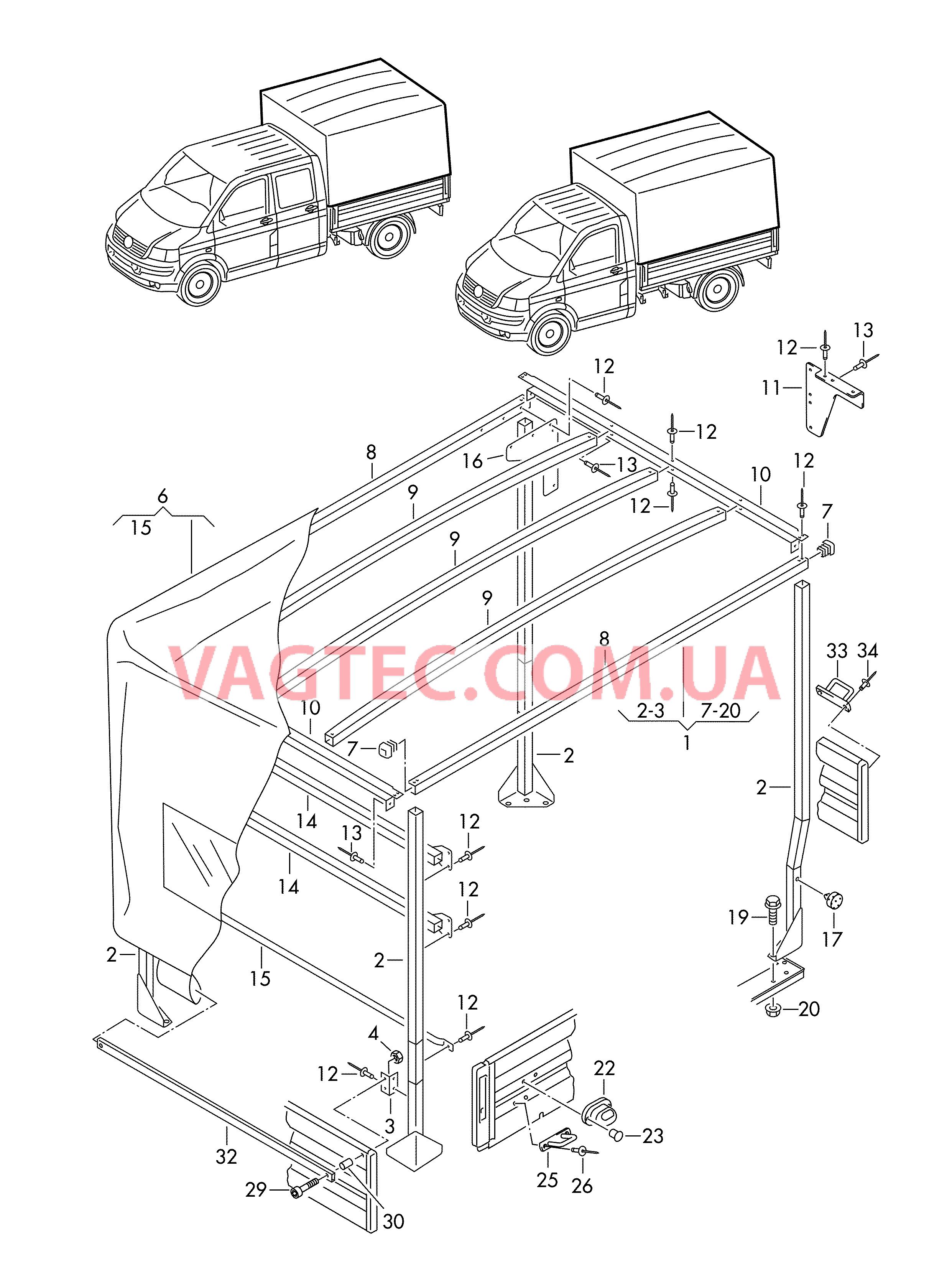 Каркас складной крыши с тентом и деталями крепления  для VOLKSWAGEN Transporter 2004-2