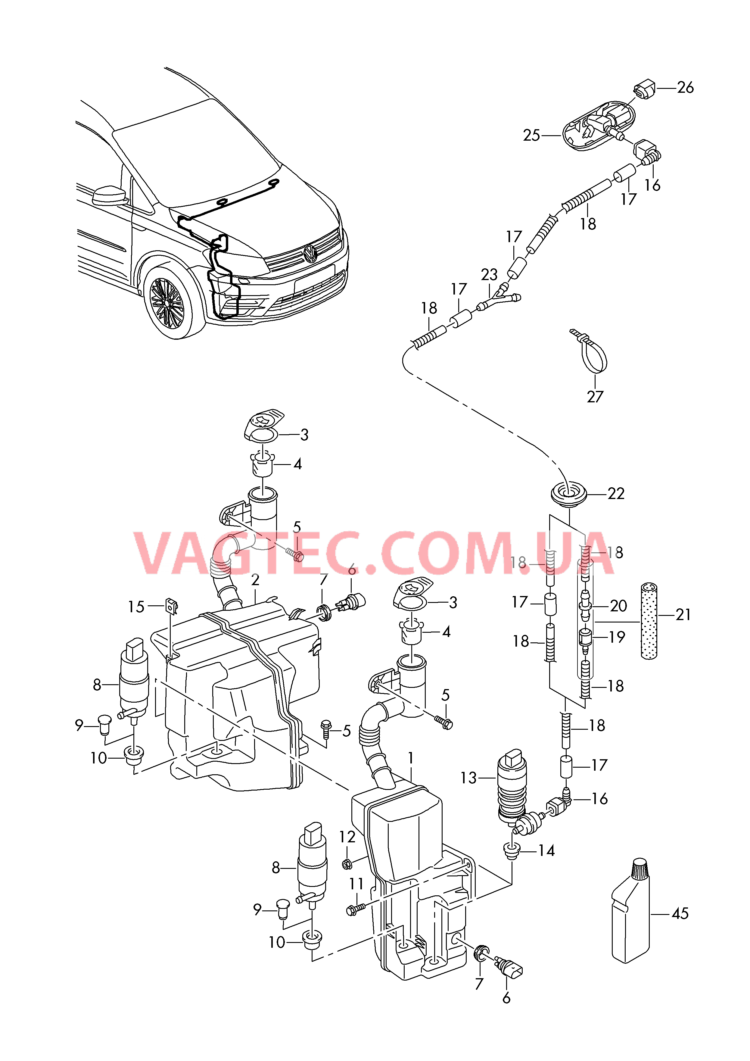Бачок д/омыв.жидкости и детали  Шланг жидкости омывателя Cредство для очистки стекол  для VOLKSWAGEN Caddy 2018