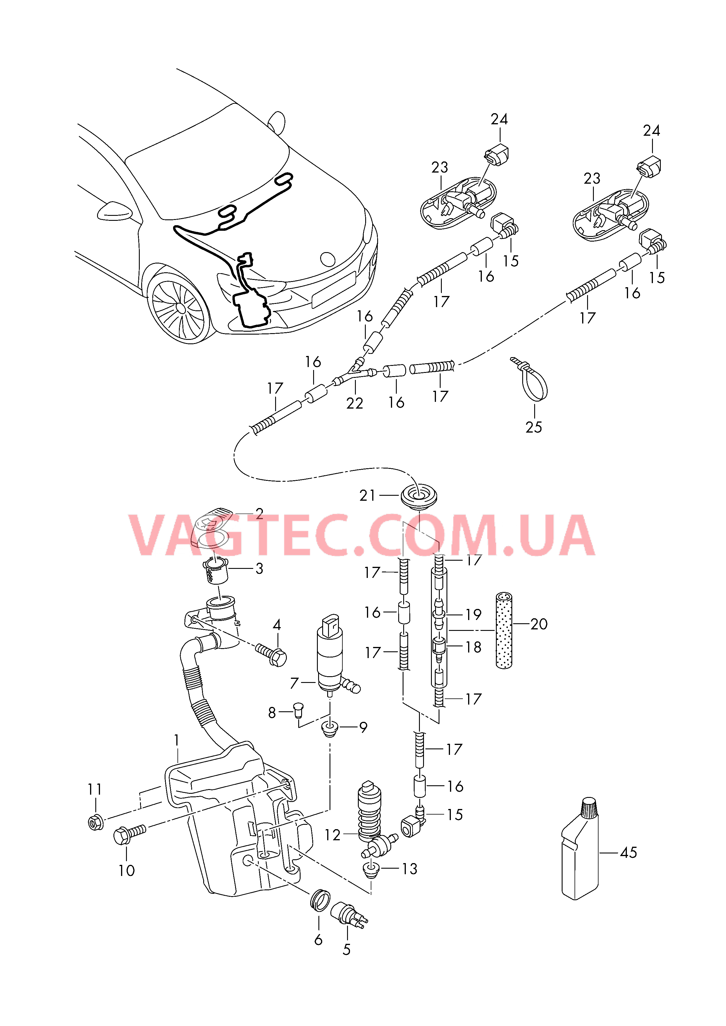 Бачок д/омыв.жидкости и детали  Шланг жидкости омывателя Cредство для очистки стекол  для VOLKSWAGEN Scirocco 2017