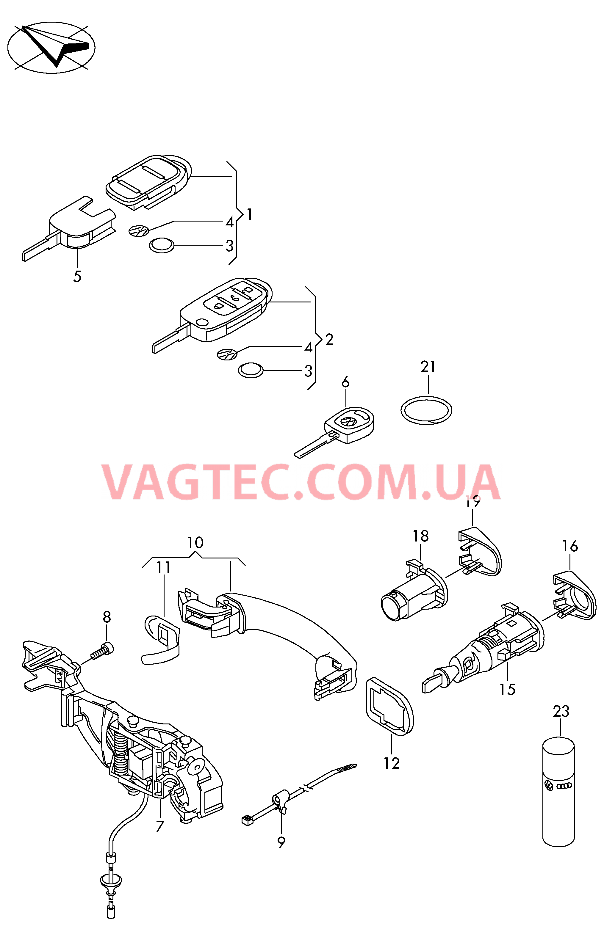 Ключ Ручка двери снаружи К-т личинок замков  для VOLKSWAGEN EOS 2013