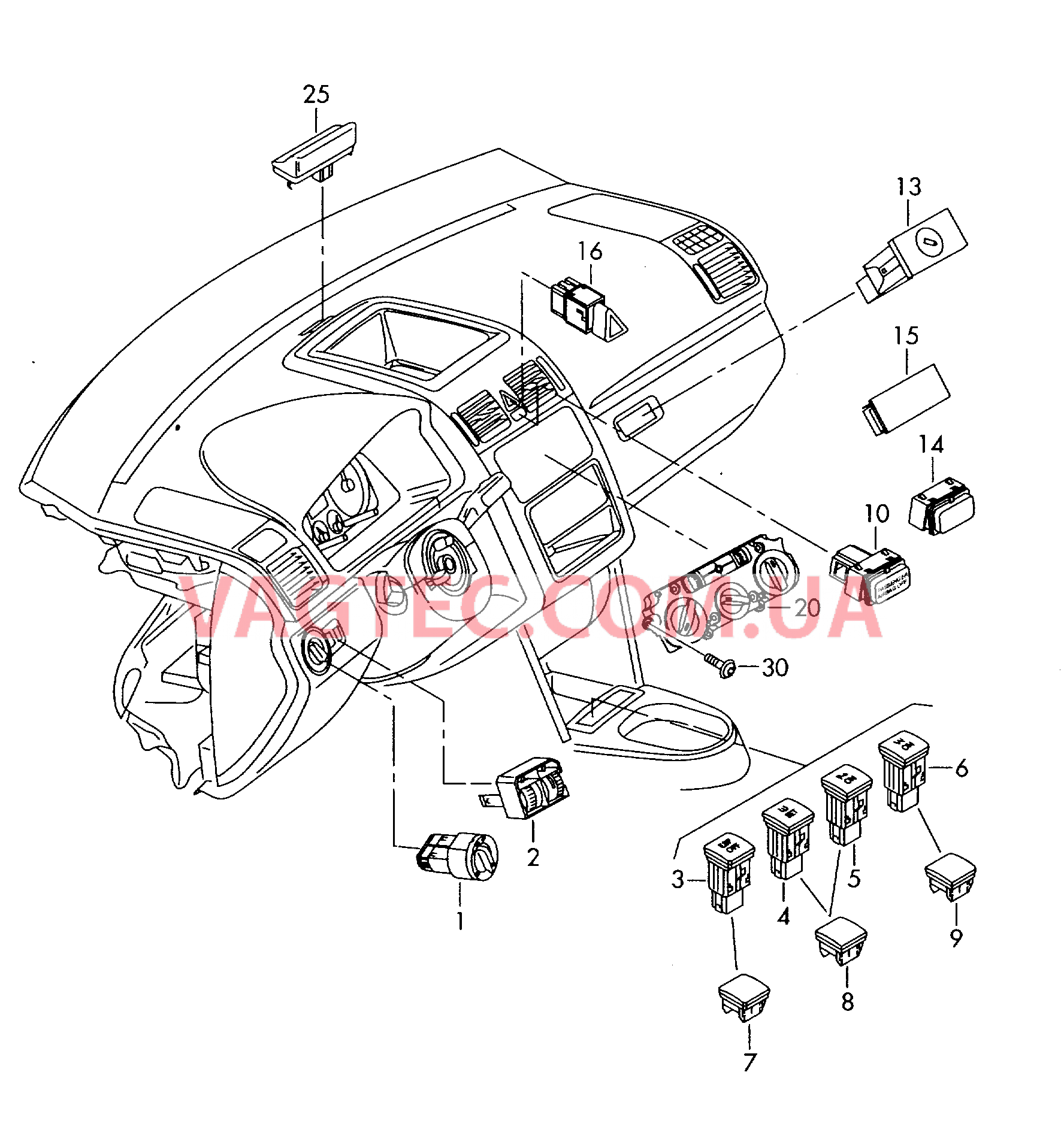 Выключатель в панели приборов Выключатель в централ. консоли Панель управления и индикации БУ климатической установки с электронным управлением  для VOLKSWAGEN Touran 2009