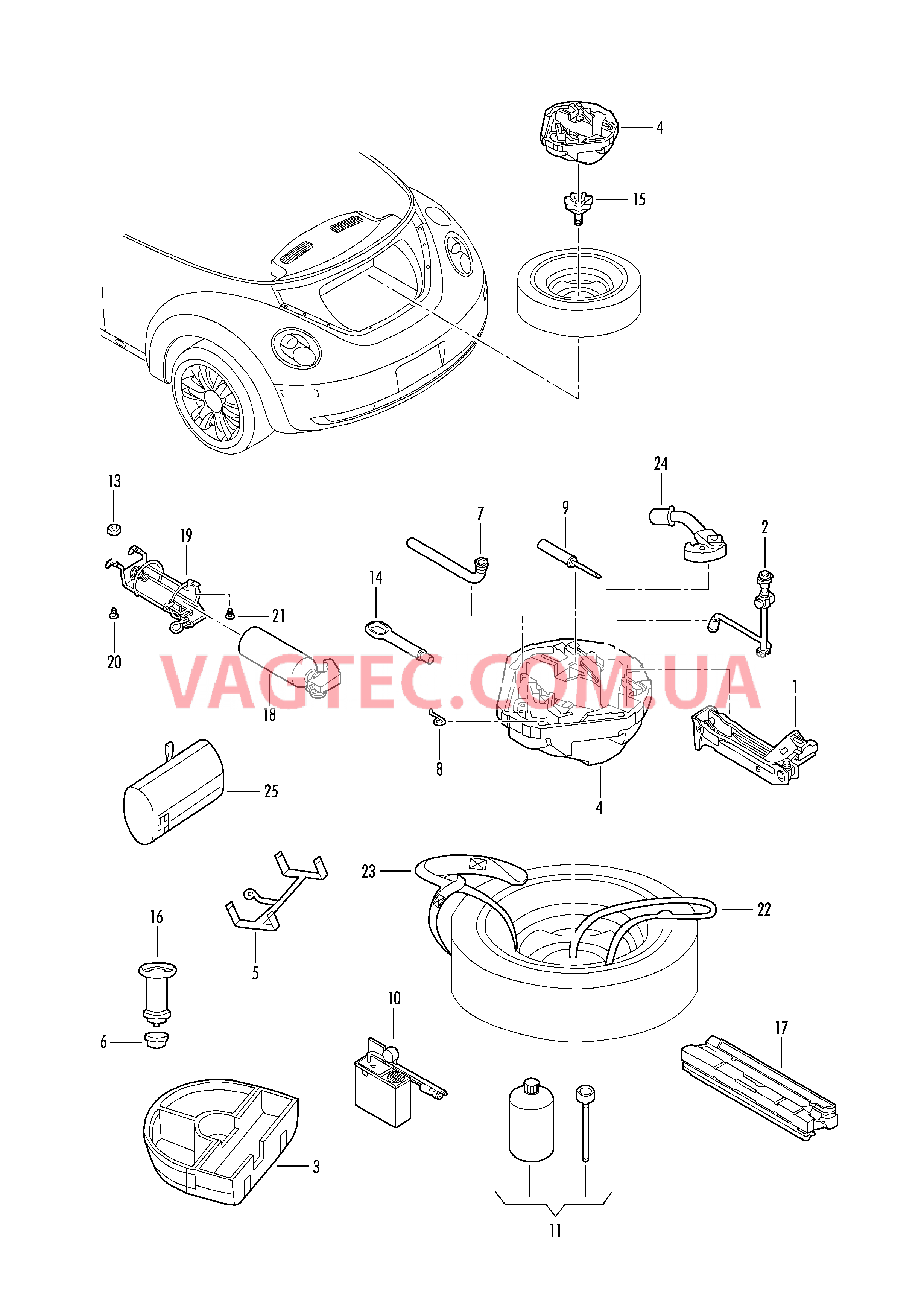 Домкрат автомобильный Инструменты Огнетушители Ремонтный комплект с компресс. Аптечка  для VOLKSWAGEN Beetle.Cabriolet 2007
