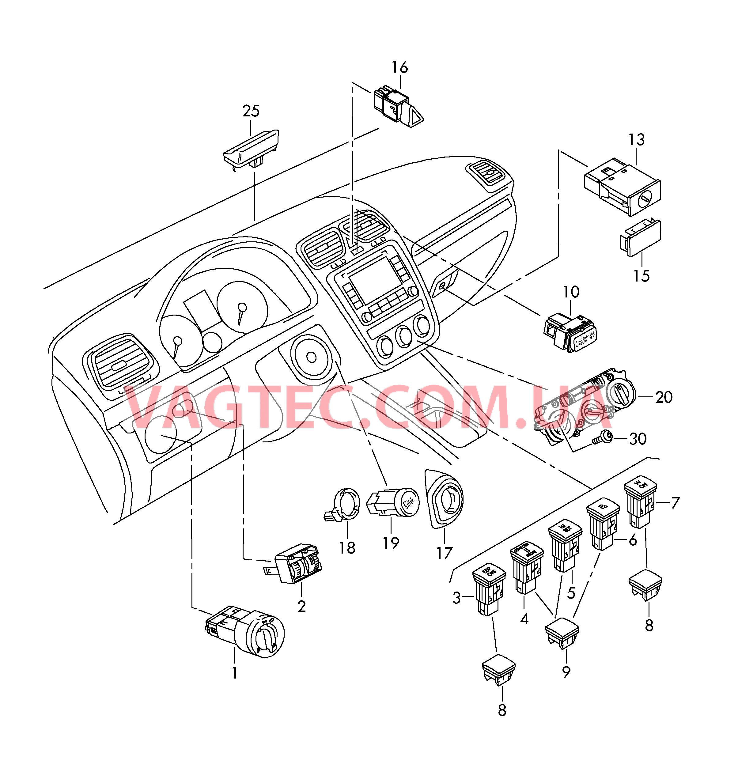 Выключатель света Выключатель в панели приборов Выключатель в централ. консоли БУ климатической установки Датчик интенс. солн. излуч.  для VOLKSWAGEN Scirocco 2013