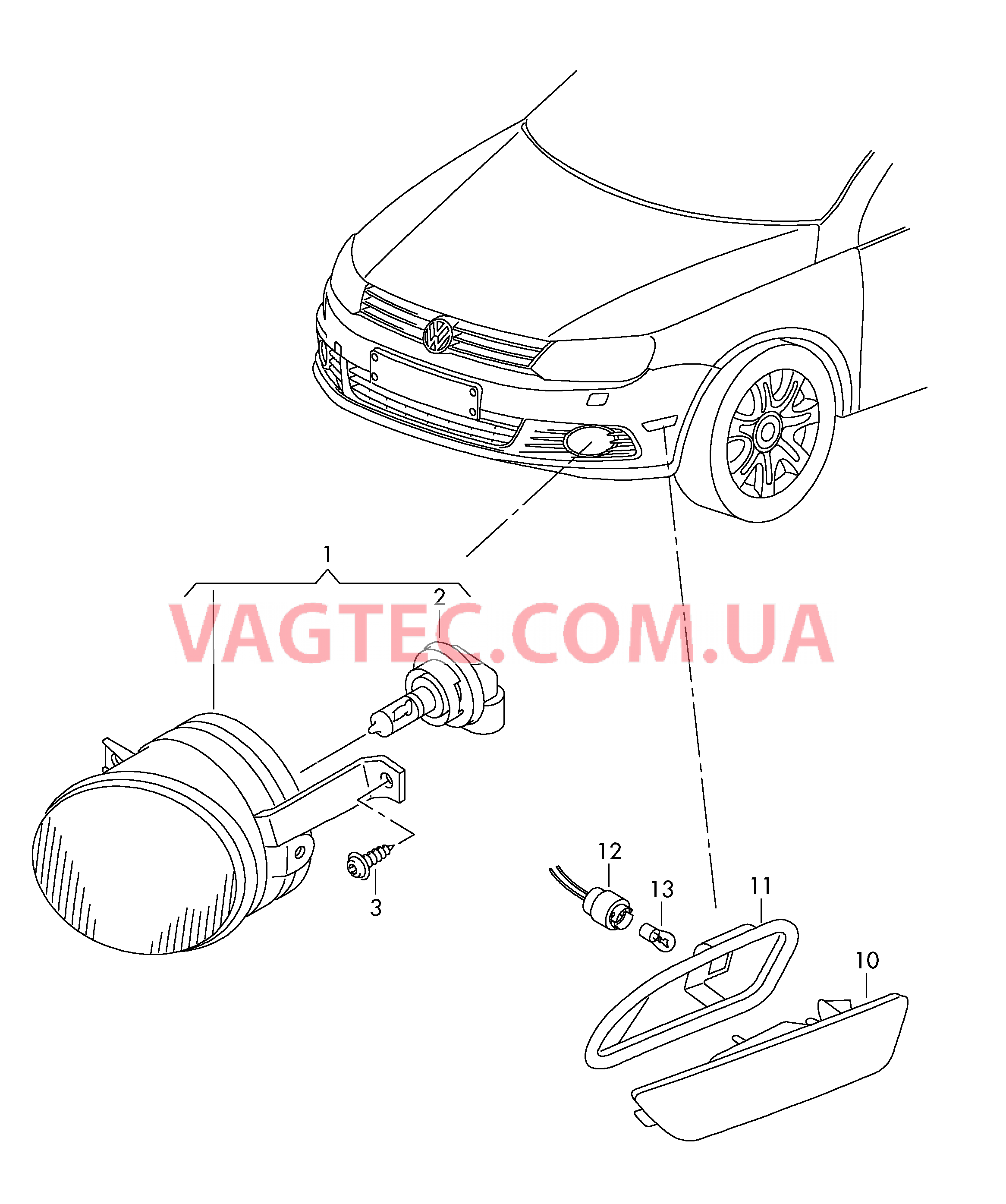 Галоген. противотуманная фара Фонарь, боковой ------------------------------ Фонарь указателя поворота  см. панель иллюстраций:  для VOLKSWAGEN EOS 2012