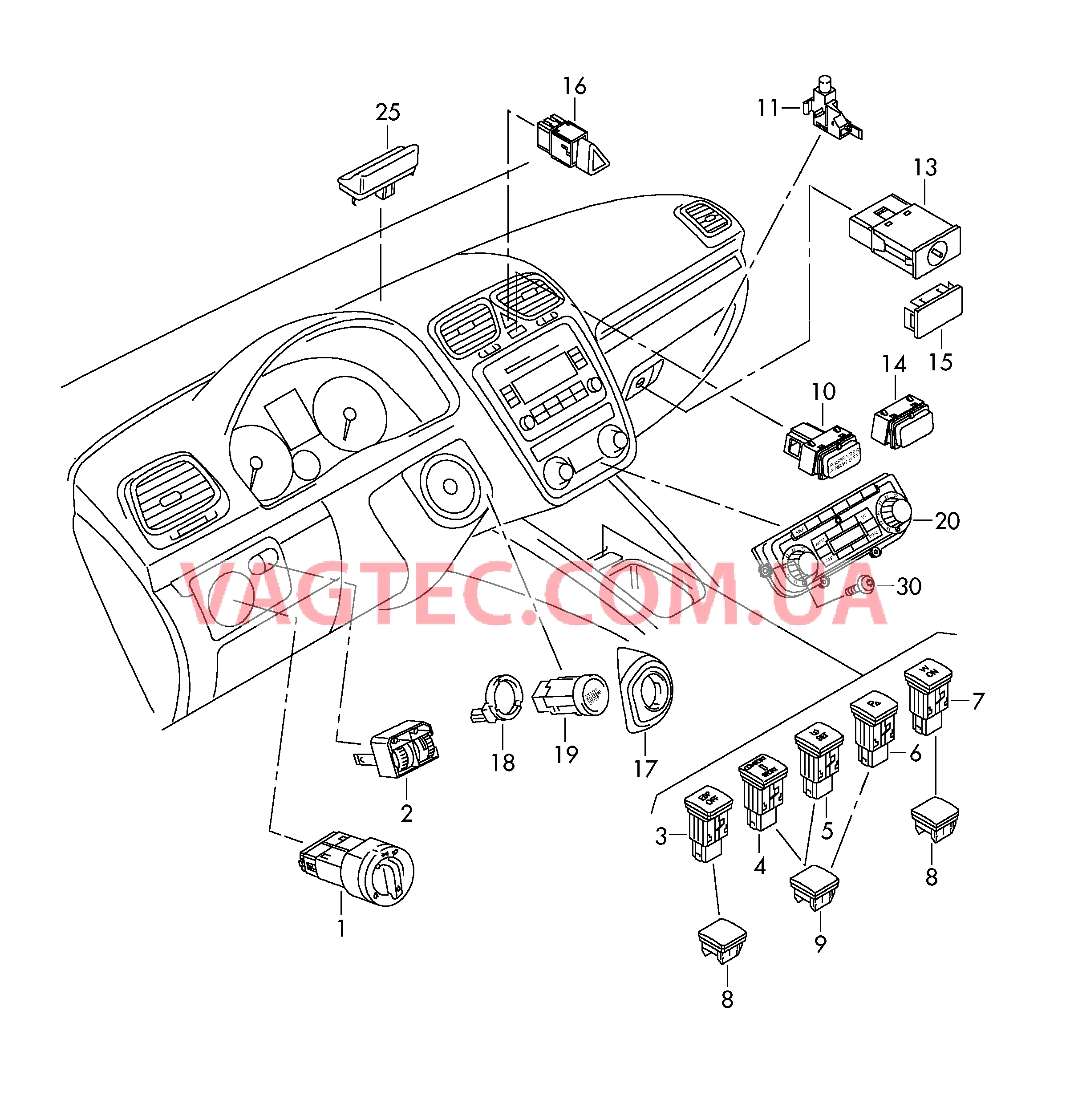 Выключатель в панели приборов Выключатель в централ. консоли БУ климатической установки  для VOLKSWAGEN EOS 2014