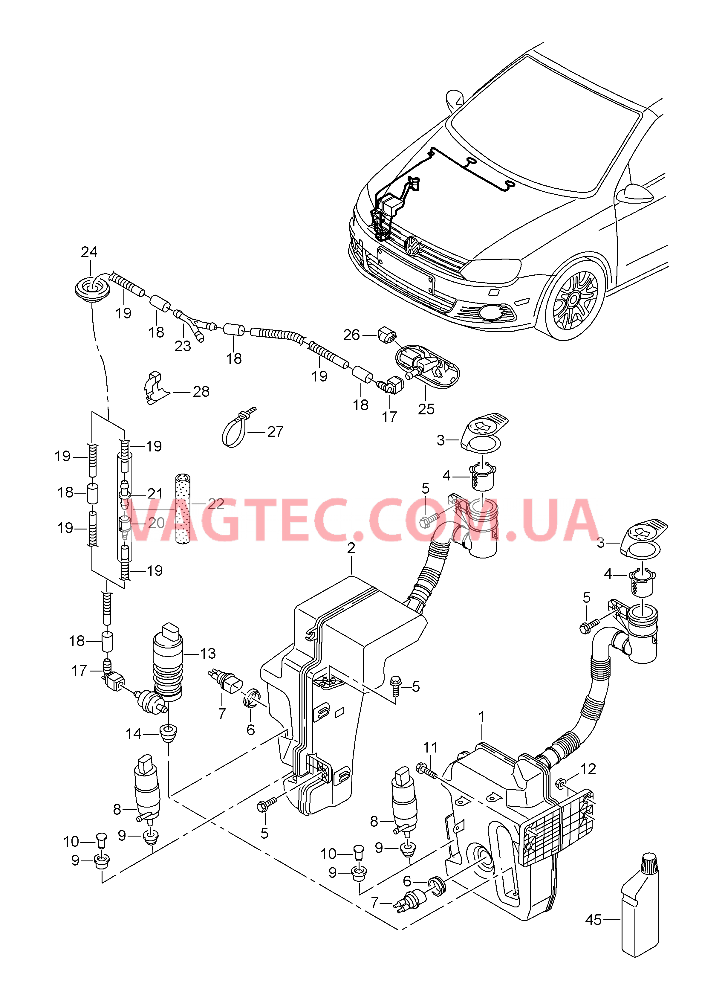 Бачок для жидкости  и детали не в сборе  Шланг жидкости омывателя Концентрат жидкости омывателя  для VOLKSWAGEN EOS 2014