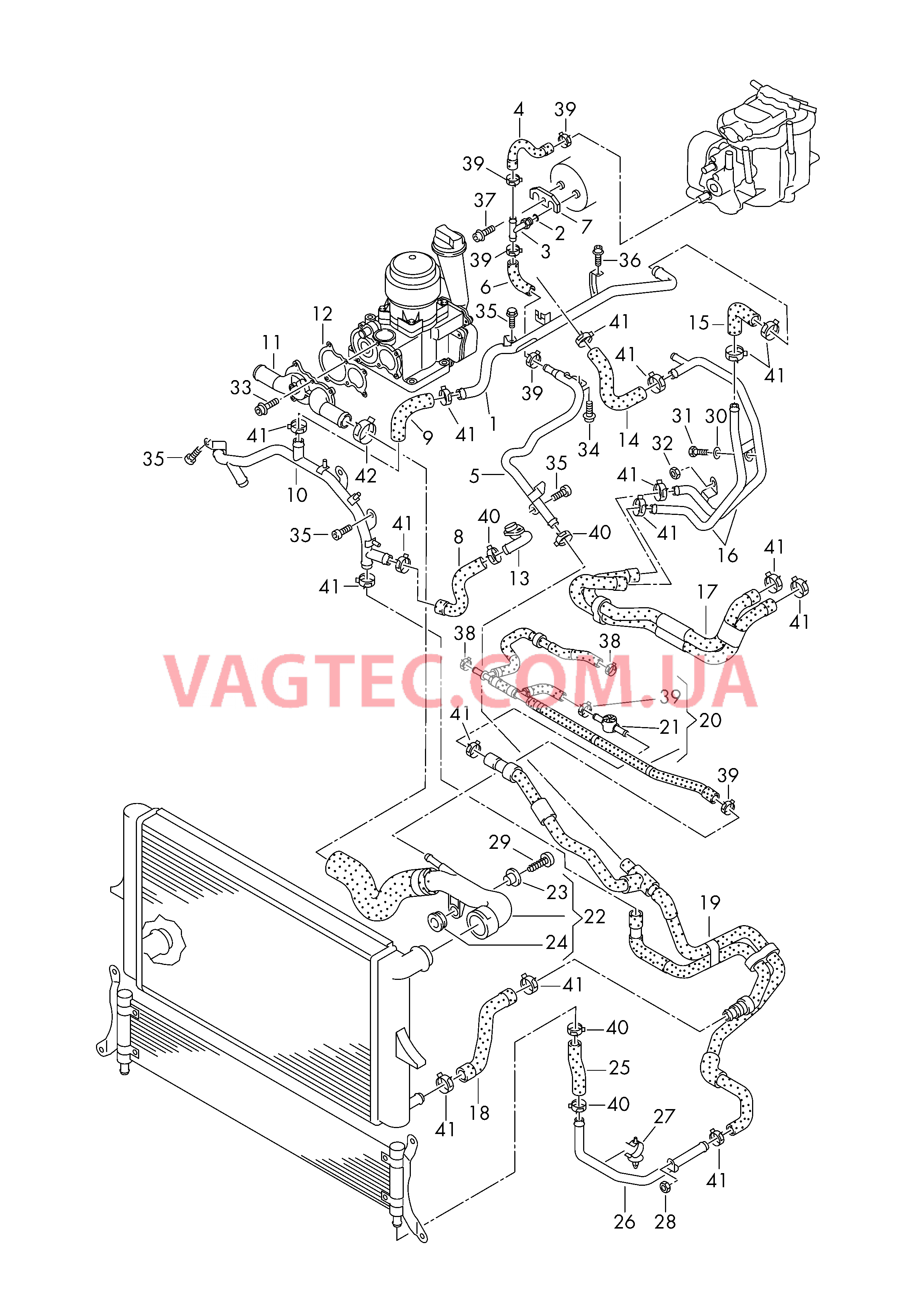 Жидкостное охлаждение для VW TOUAREG  Патрубок ОЖ с трубкой удаления воздуха для VW TOUAREG    см. панель иллюстраций:  для VOLKSWAGEN Touareg 2003
