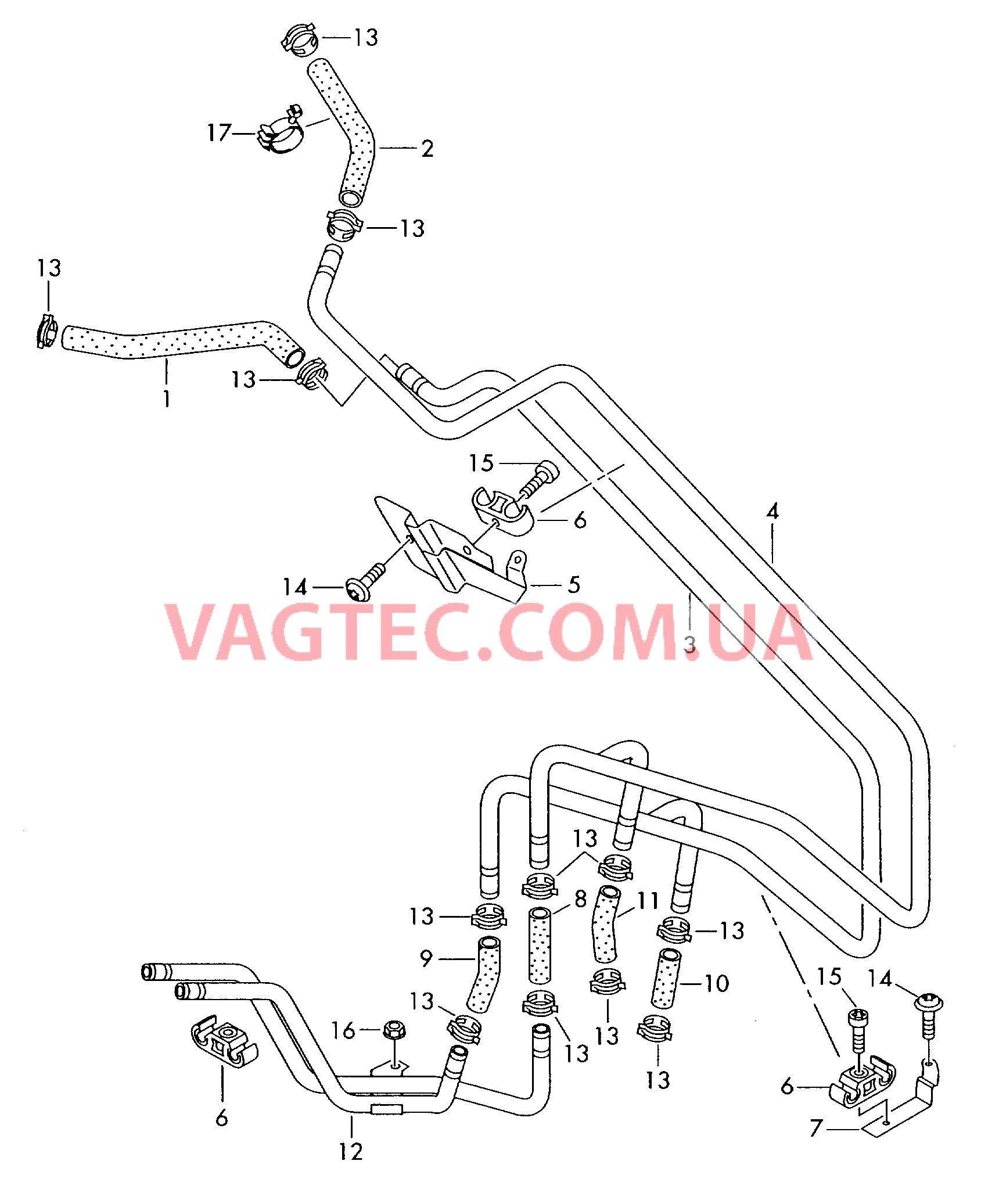 Отопление Шланги ОЖ и трубки для а/м с кондиционером с электронным управлением и вторым испарителем   для а/м без дополнительного отопления  для VOLKSWAGEN Touareg 2004